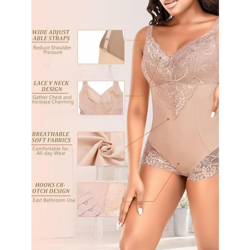 Women's Sexy Deep V Neck Tummy Control Bodysuit Lace Shapewear - Tummy Control Waist Cincher Bodysuit.