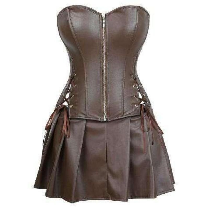 Women's Steampunk Corset Dress Punk Rock Faux Leather Corset with Skirt Retro Goth Waist Cincher