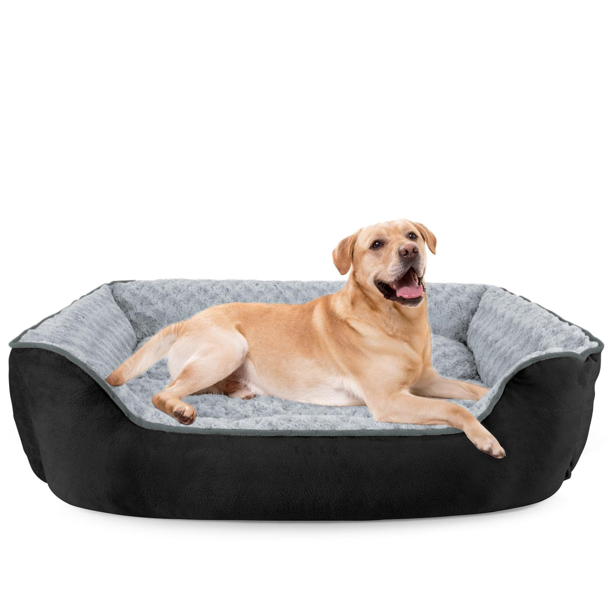 Washable Rectangle Dog Bed – Soft Bolster Sofa Bed with Non-Slip Bottom, Beige