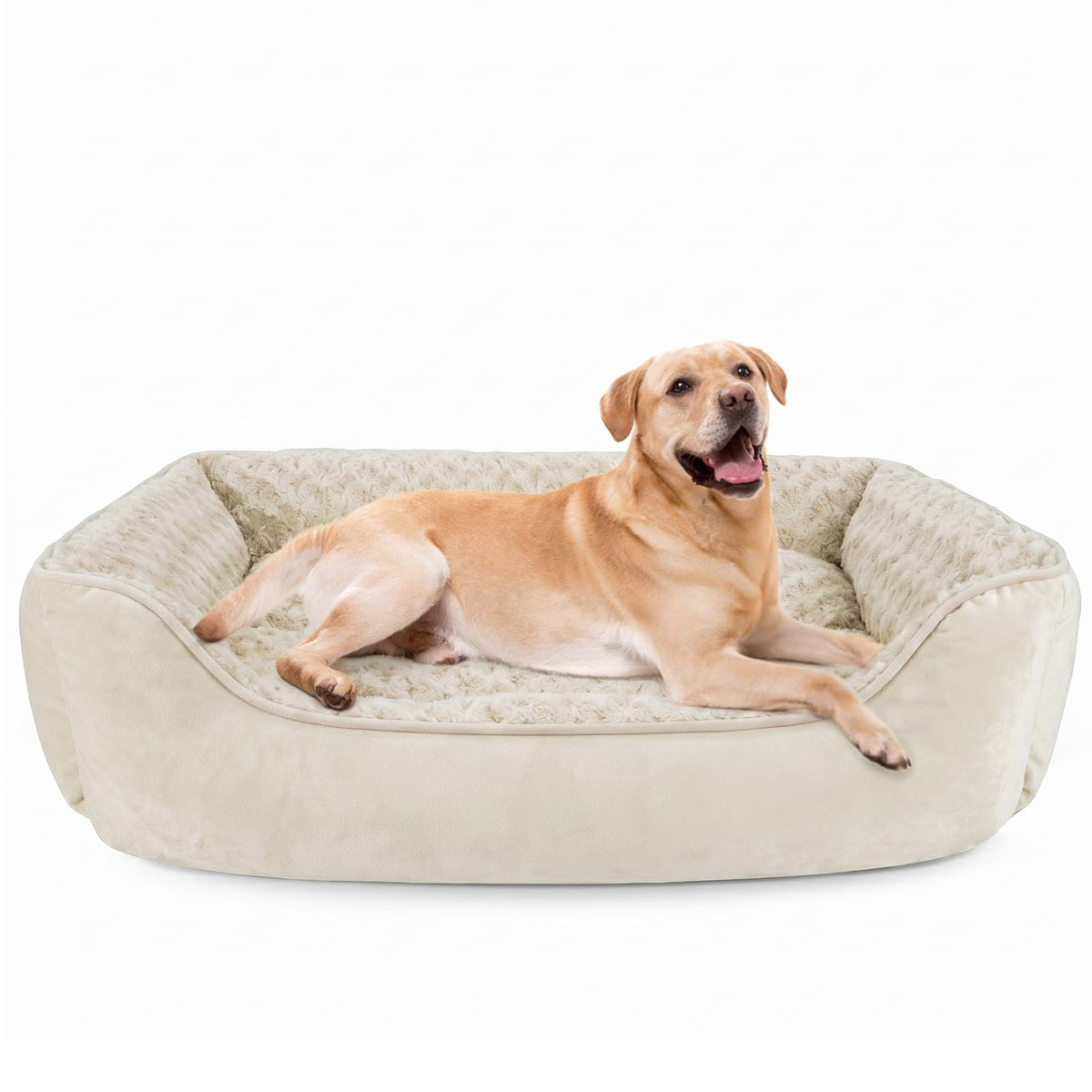 Washable Rectangle Dog Bed – Soft Bolster Sofa Bed with Non-Slip Bottom, Beige