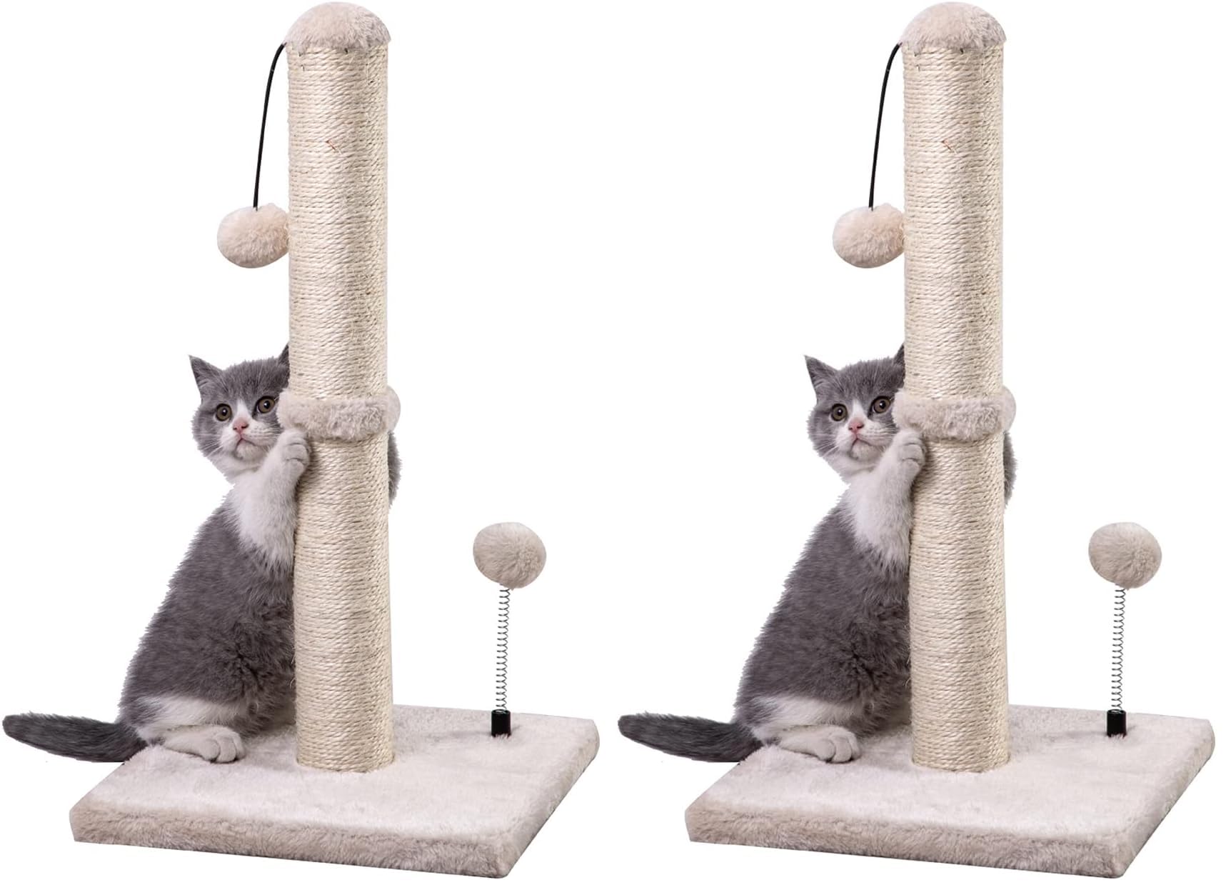 34" Tall Cat Scratching Post with Hanging Ball – Sisal Scratcher for Indoor Cats, Beige
