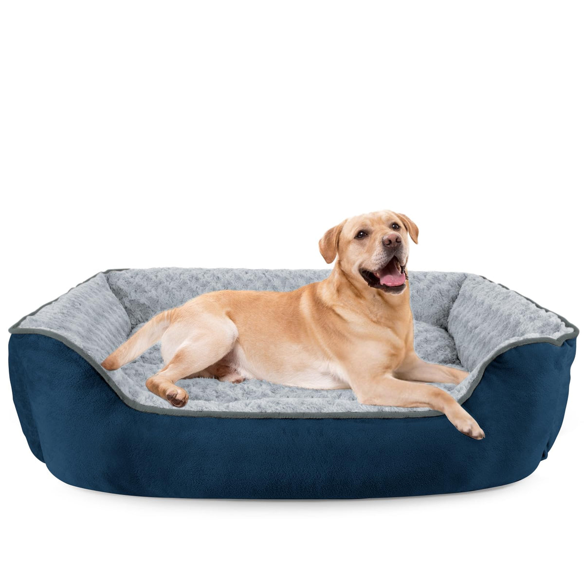 Washable Rectangle Dog Bed – Soft Bolster Sofa Bed with Non-Slip Bottom, Beige