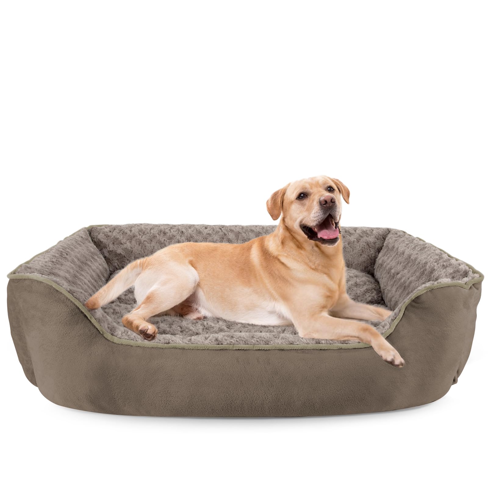 Washable Rectangle Dog Bed – Soft Bolster Sofa Bed with Non-Slip Bottom, Beige