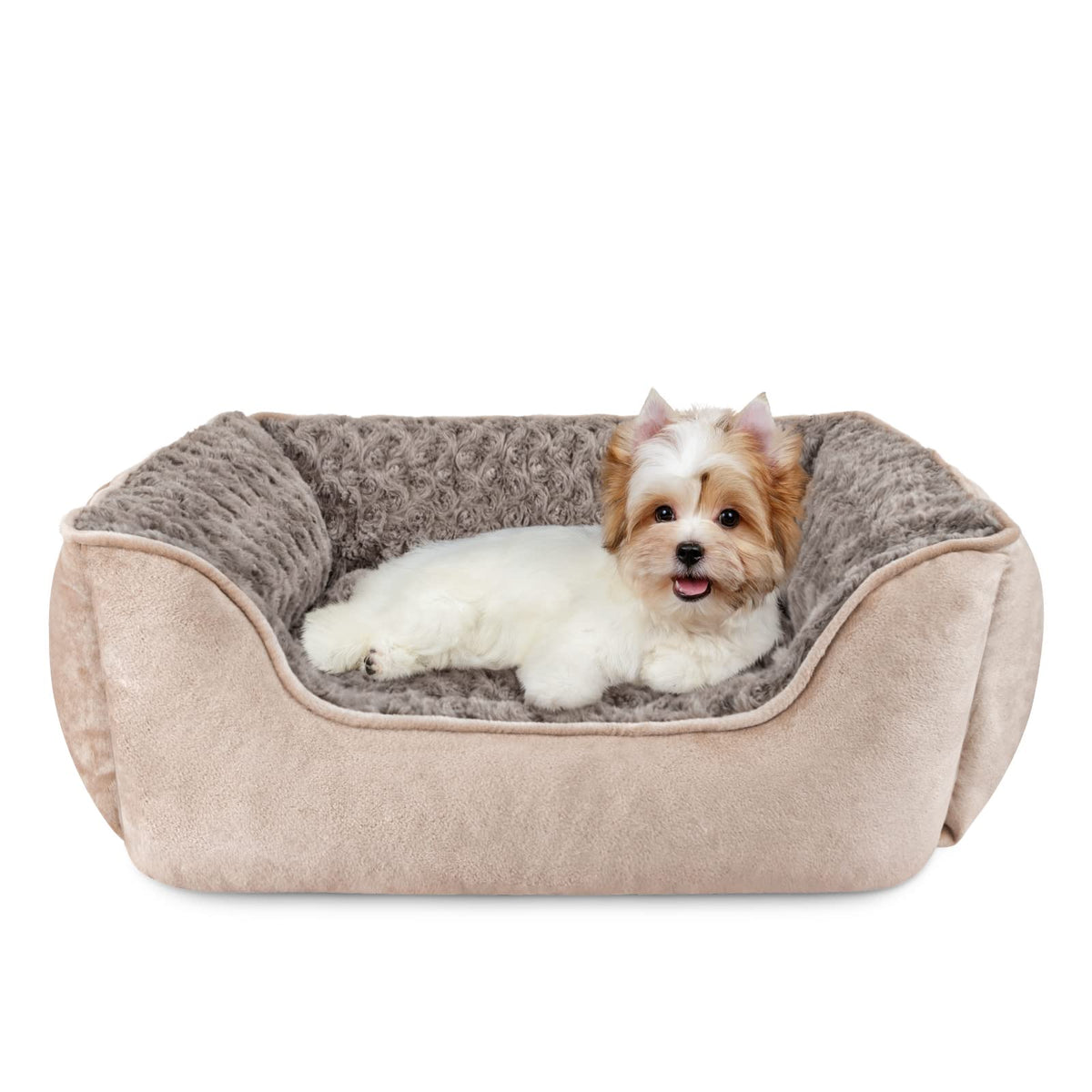 Washable Rectangle Dog Bed – Soft Bolster Sofa Bed with Non-Slip Bottom, Beige