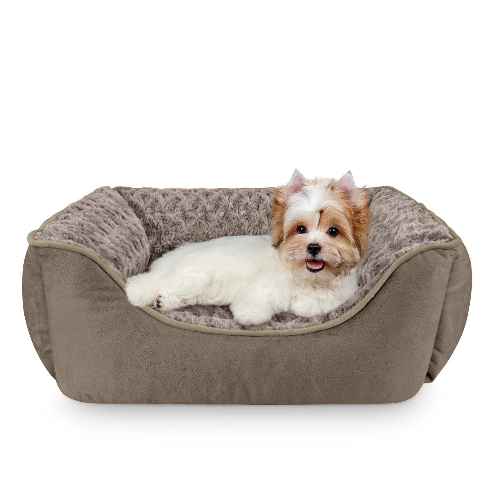 Washable Rectangle Dog Bed – Soft Bolster Sofa Bed with Non-Slip Bottom, Beige