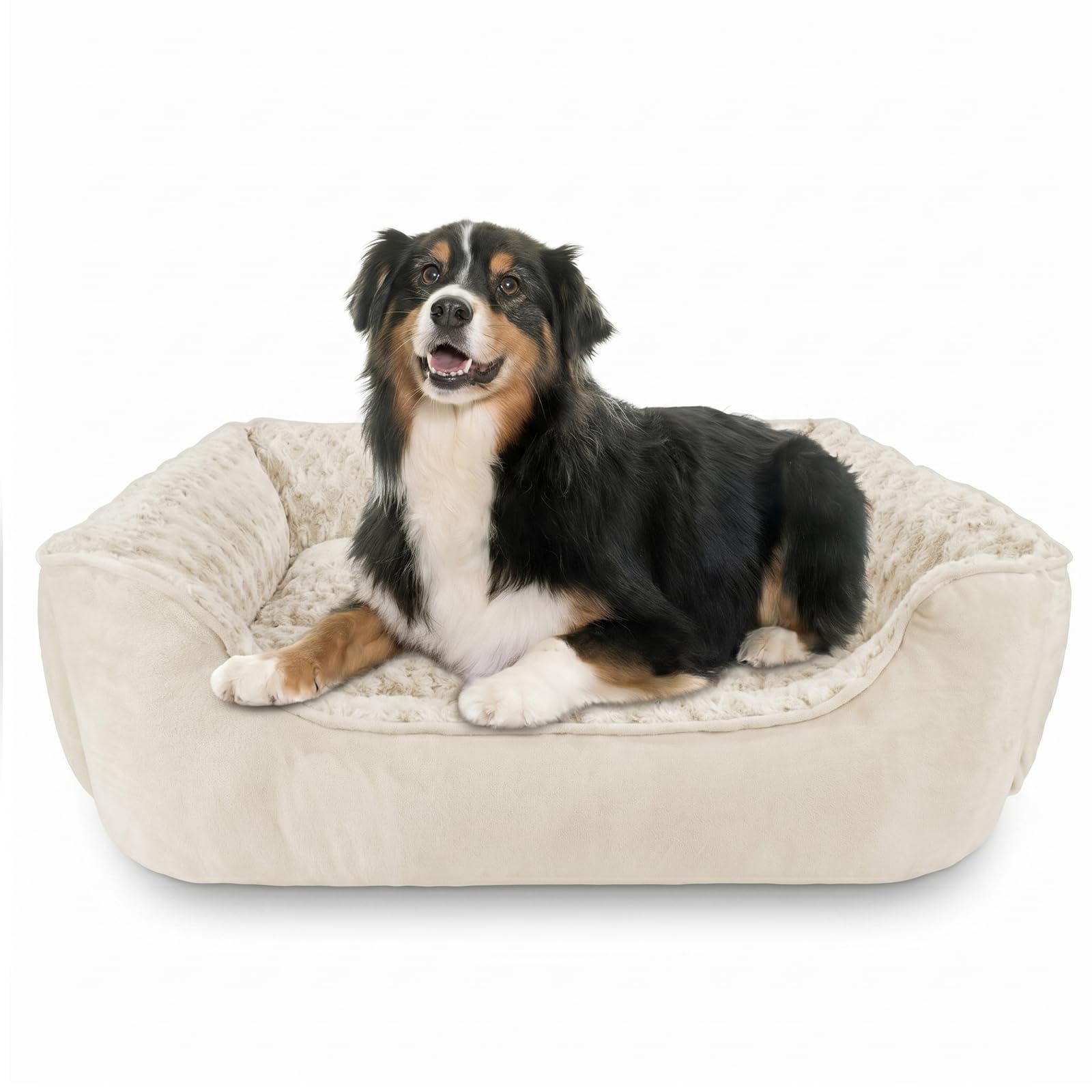 Washable Rectangle Dog Bed – Soft Bolster Sofa Bed with Non-Slip Bottom, Beige