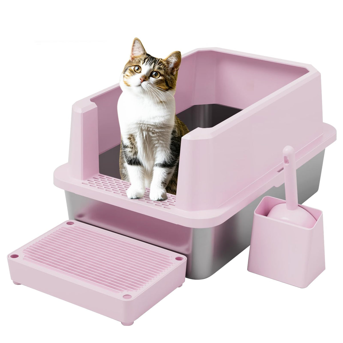 Open Cat Litter Box Set with Step Tray & Scoop