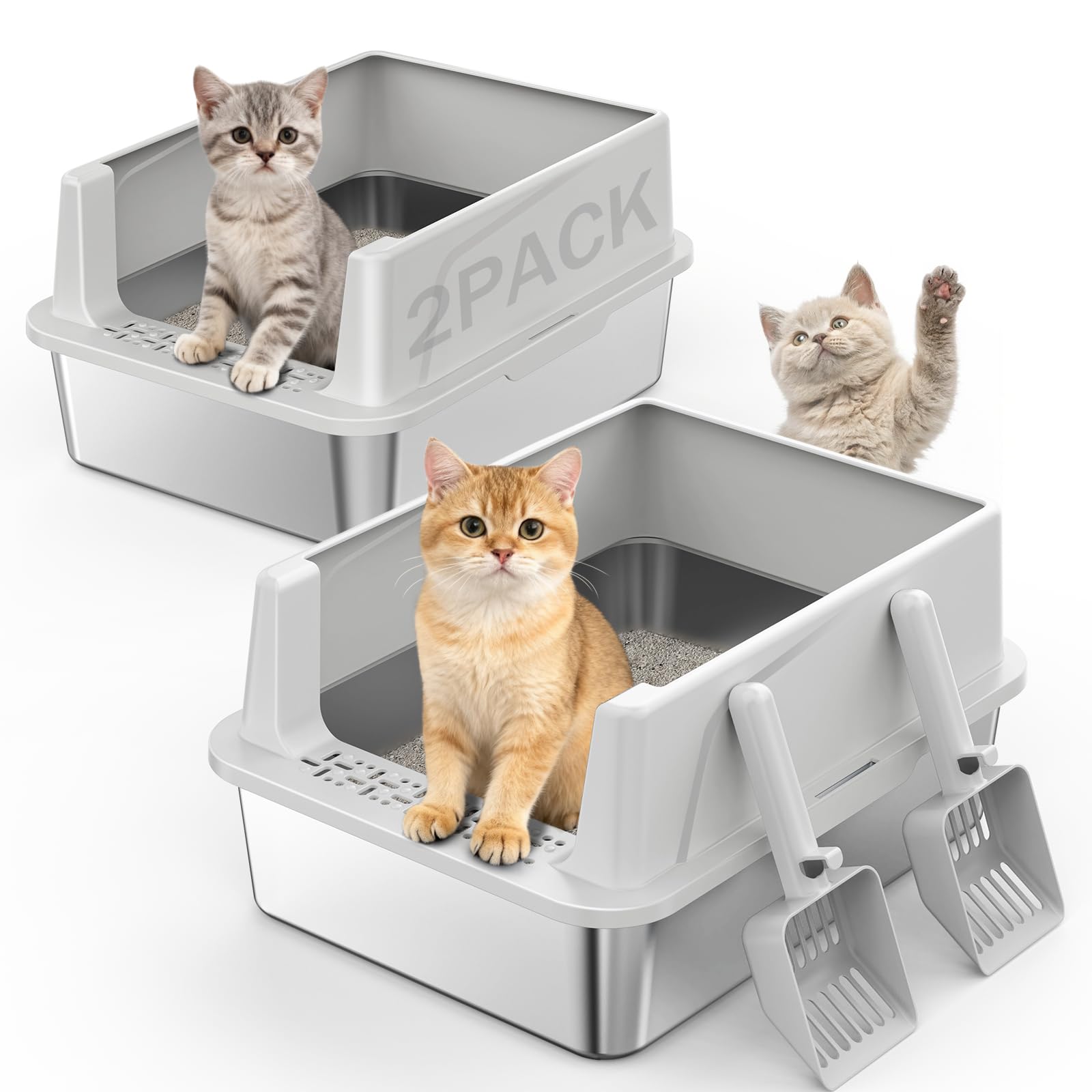 2-Pack XL Stainless Steel Cat Litter Boxes with Scoops