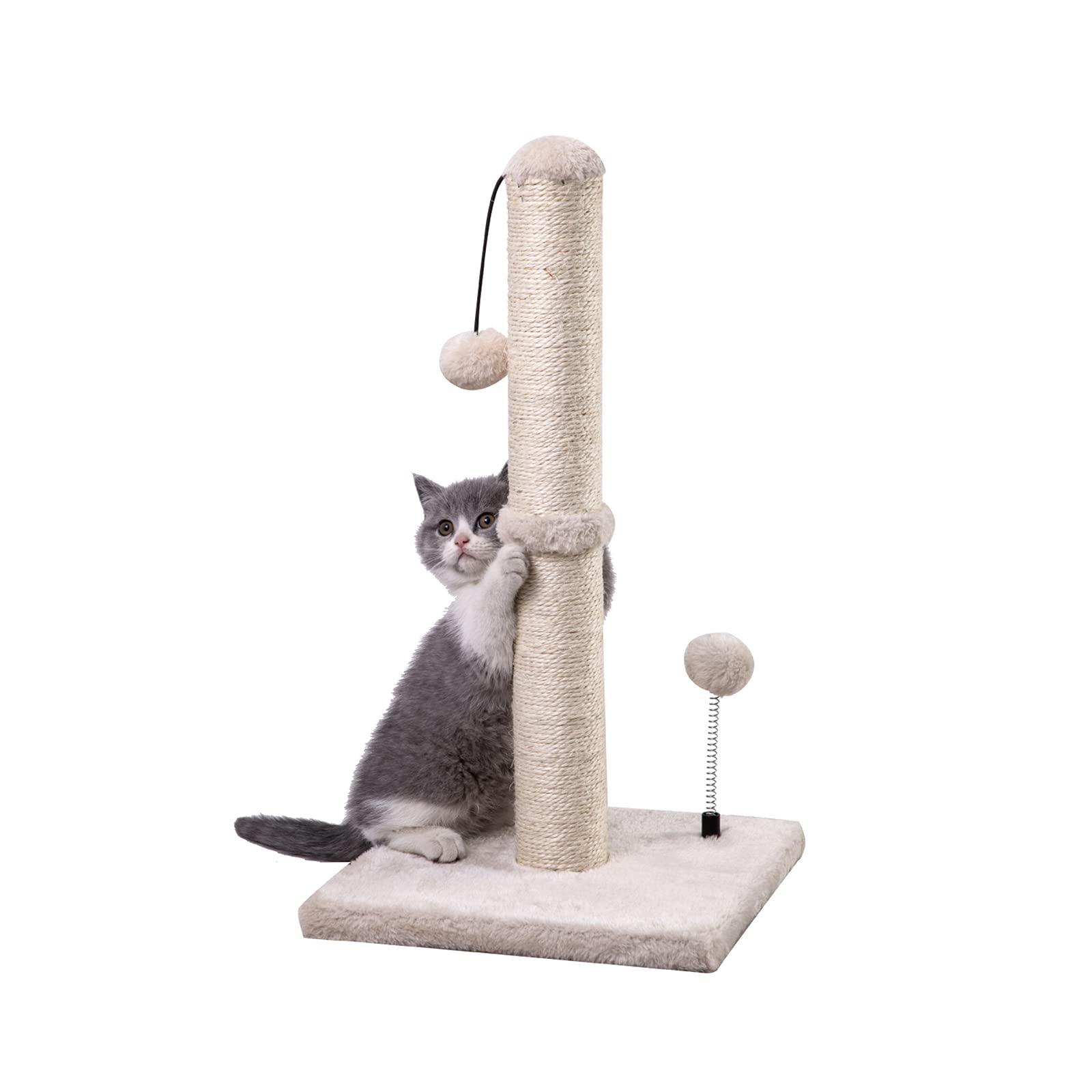 34" Tall Cat Scratching Post with Hanging Ball – Sisal Scratcher for Indoor Cats, Beige