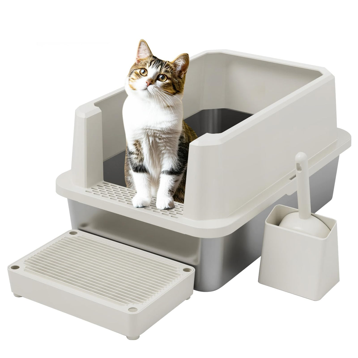 Open Cat Litter Box Set with Step Tray & Scoop