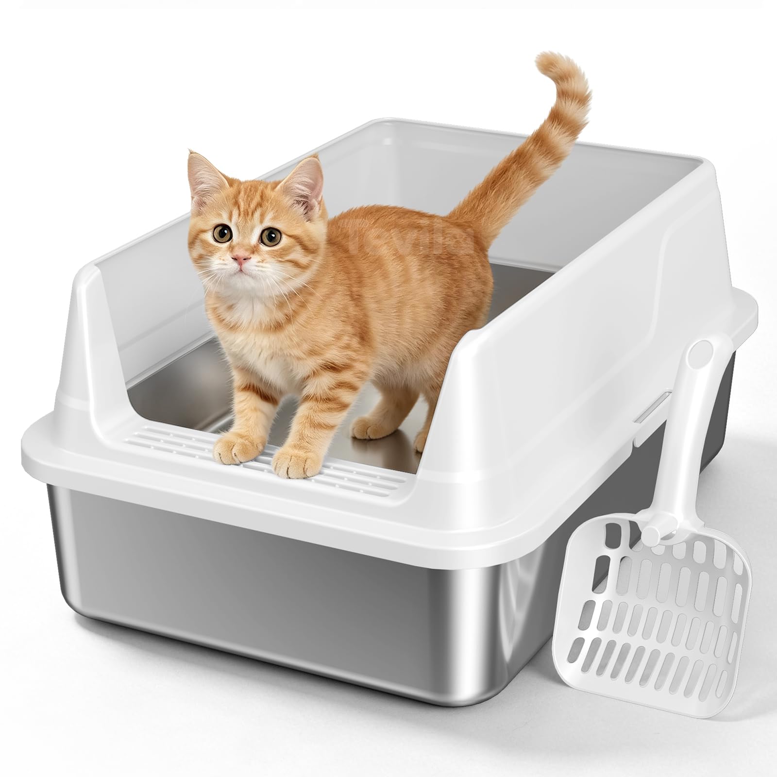 Compact Stainless Steel Cat Litter Box with Scoop