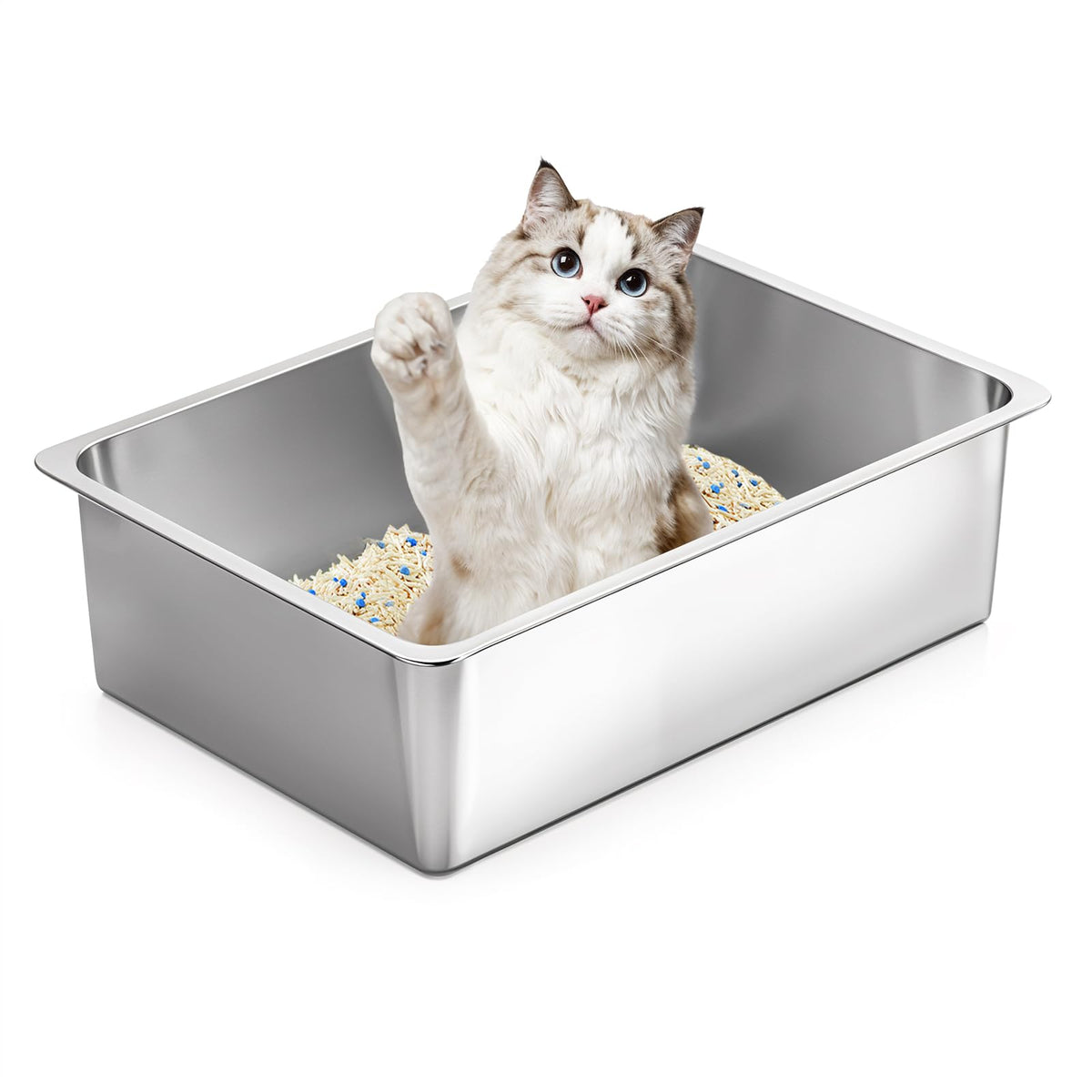 Large High-Sided Stainless Steel Cat Litter Pan