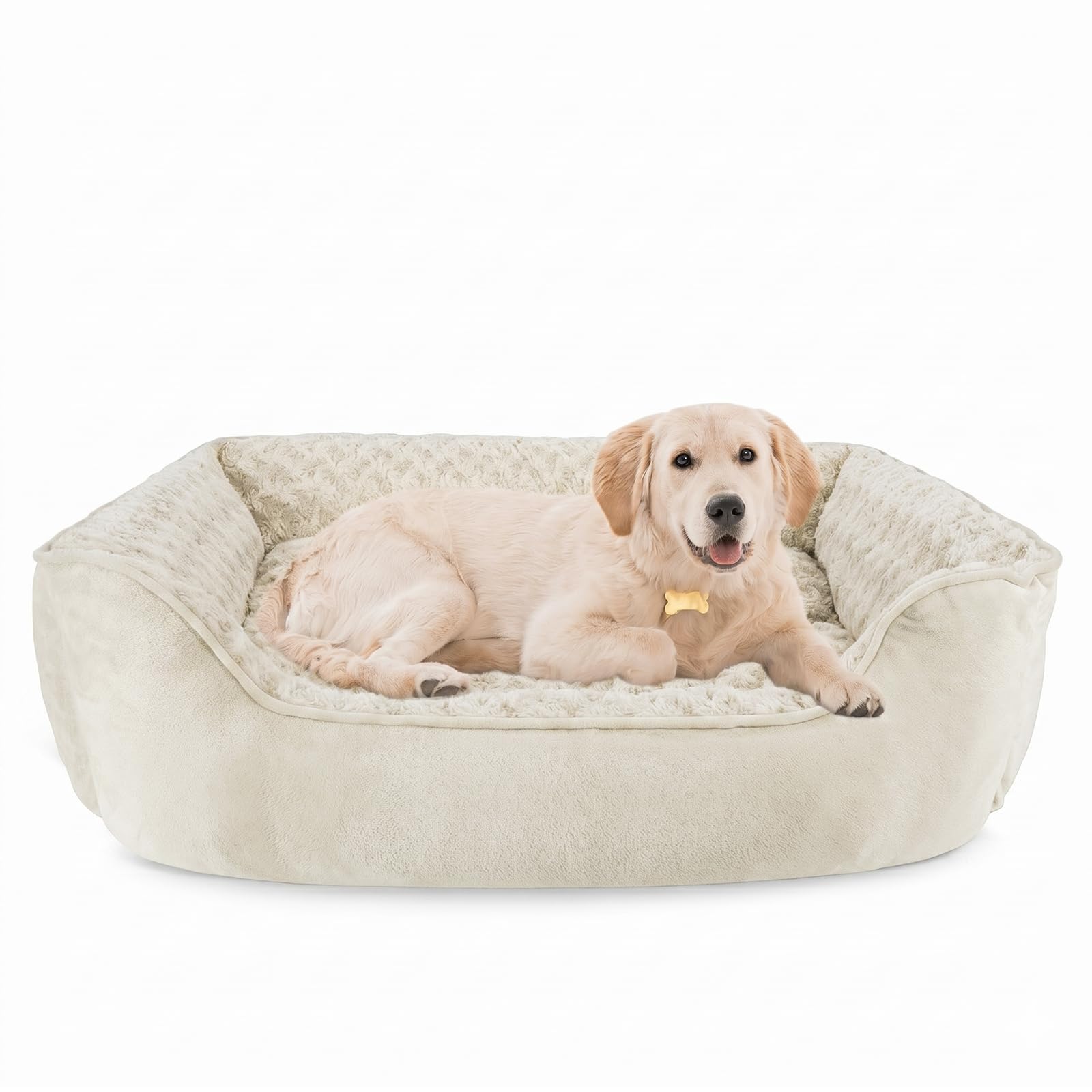Washable Rectangle Dog Bed – Soft Bolster Sofa Bed with Non-Slip Bottom, Beige