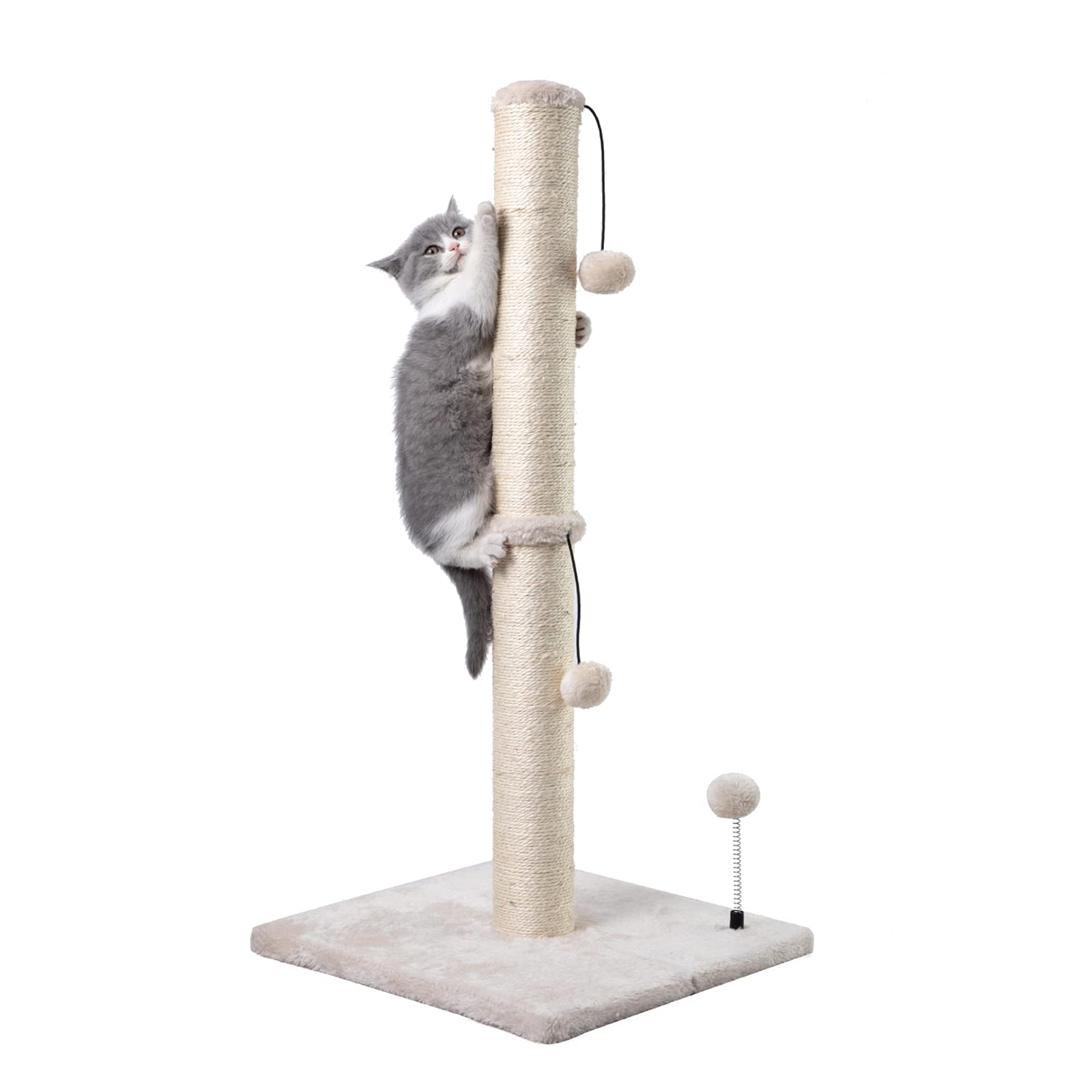 34" Tall Cat Scratching Post with Hanging Ball – Sisal Scratcher for Indoor Cats, Beige