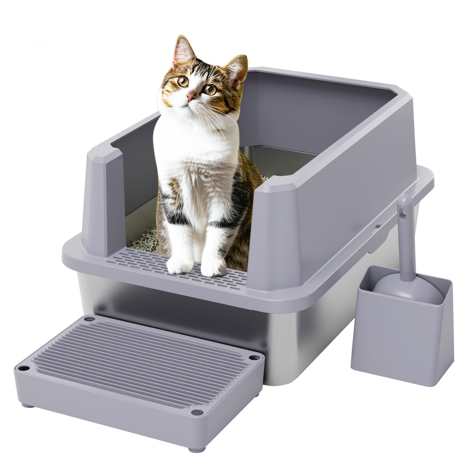 Open Cat Litter Box Set with Step Tray & Scoop