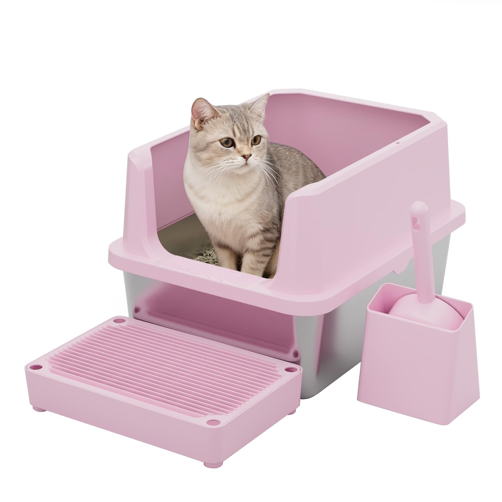 Open Cat Litter Box Set with Step Tray & Scoop