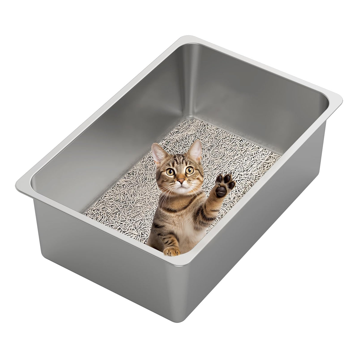 Large High-Sided Stainless Steel Cat Litter Pan
