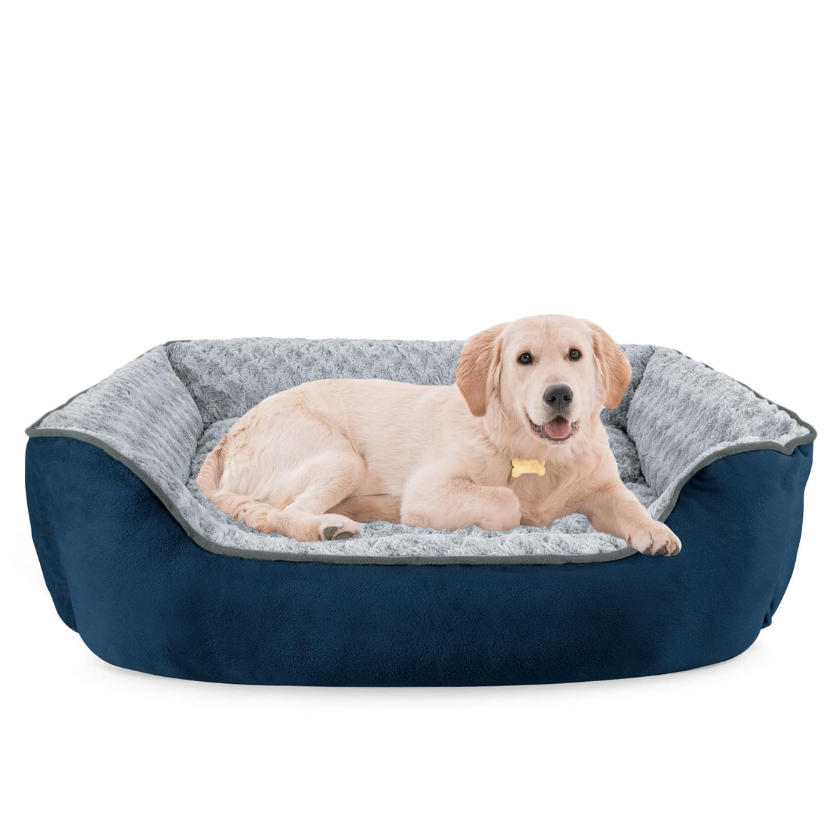 Washable Rectangle Dog Bed – Soft Bolster Sofa Bed with Non-Slip Bottom, Beige