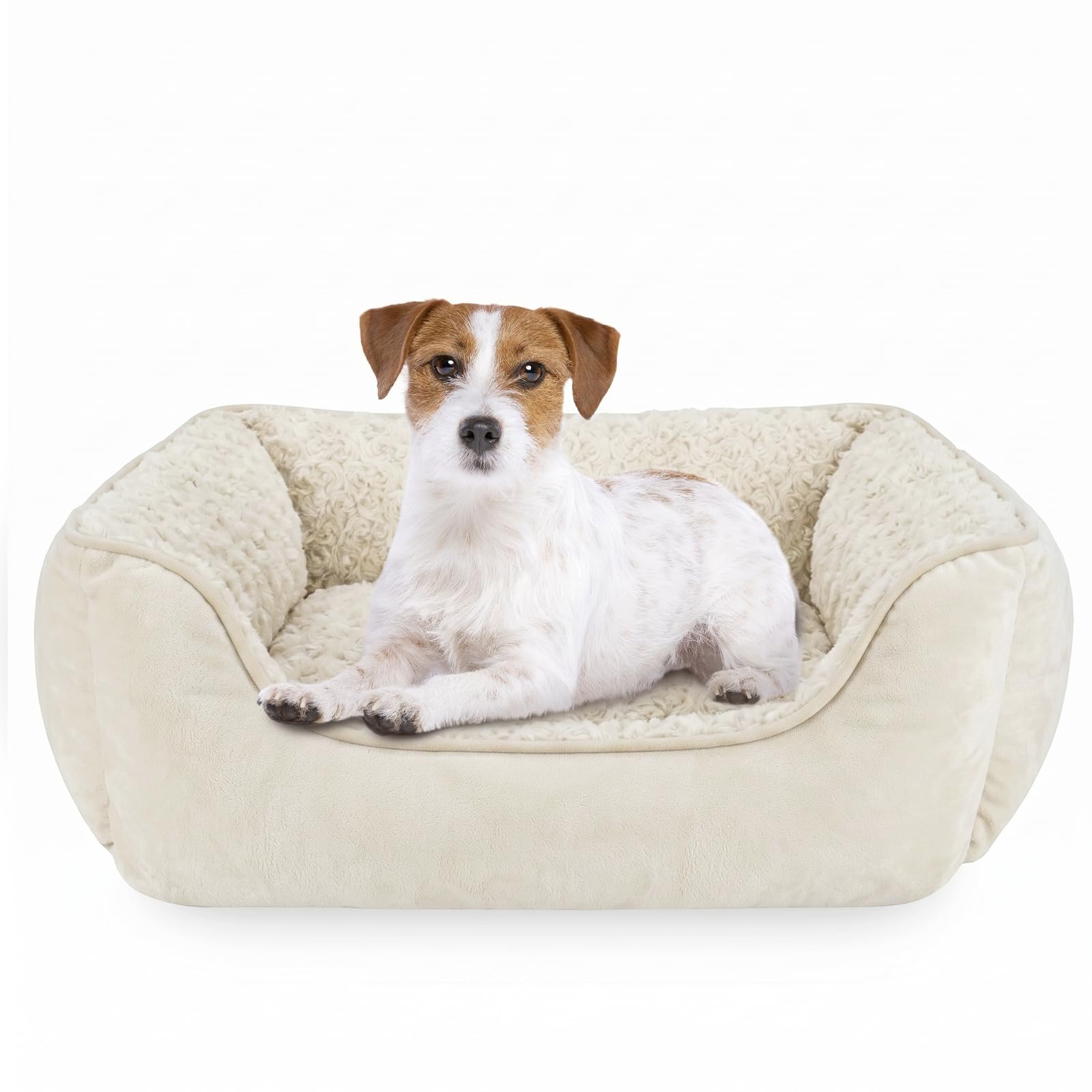 Washable Rectangle Dog Bed – Soft Bolster Sofa Bed with Non-Slip Bottom, Beige