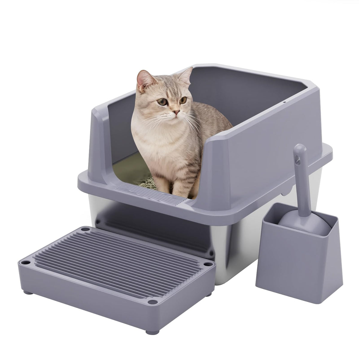 Open Cat Litter Box Set with Step Tray & Scoop