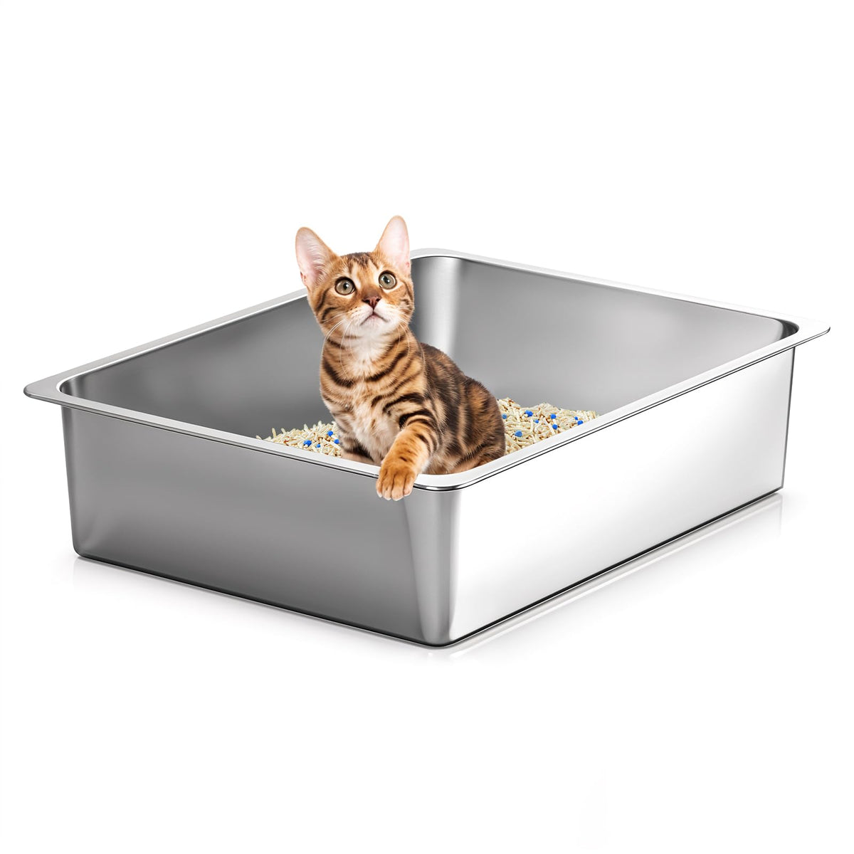 Large High-Sided Stainless Steel Cat Litter Pan