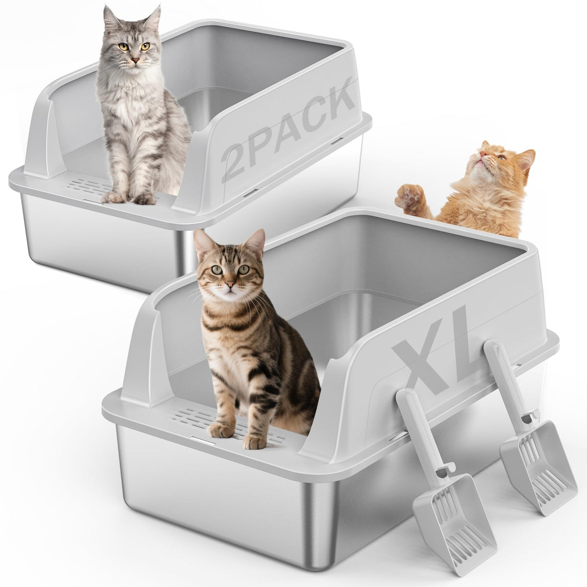 2-Pack XL Stainless Steel Cat Litter Boxes with Scoops