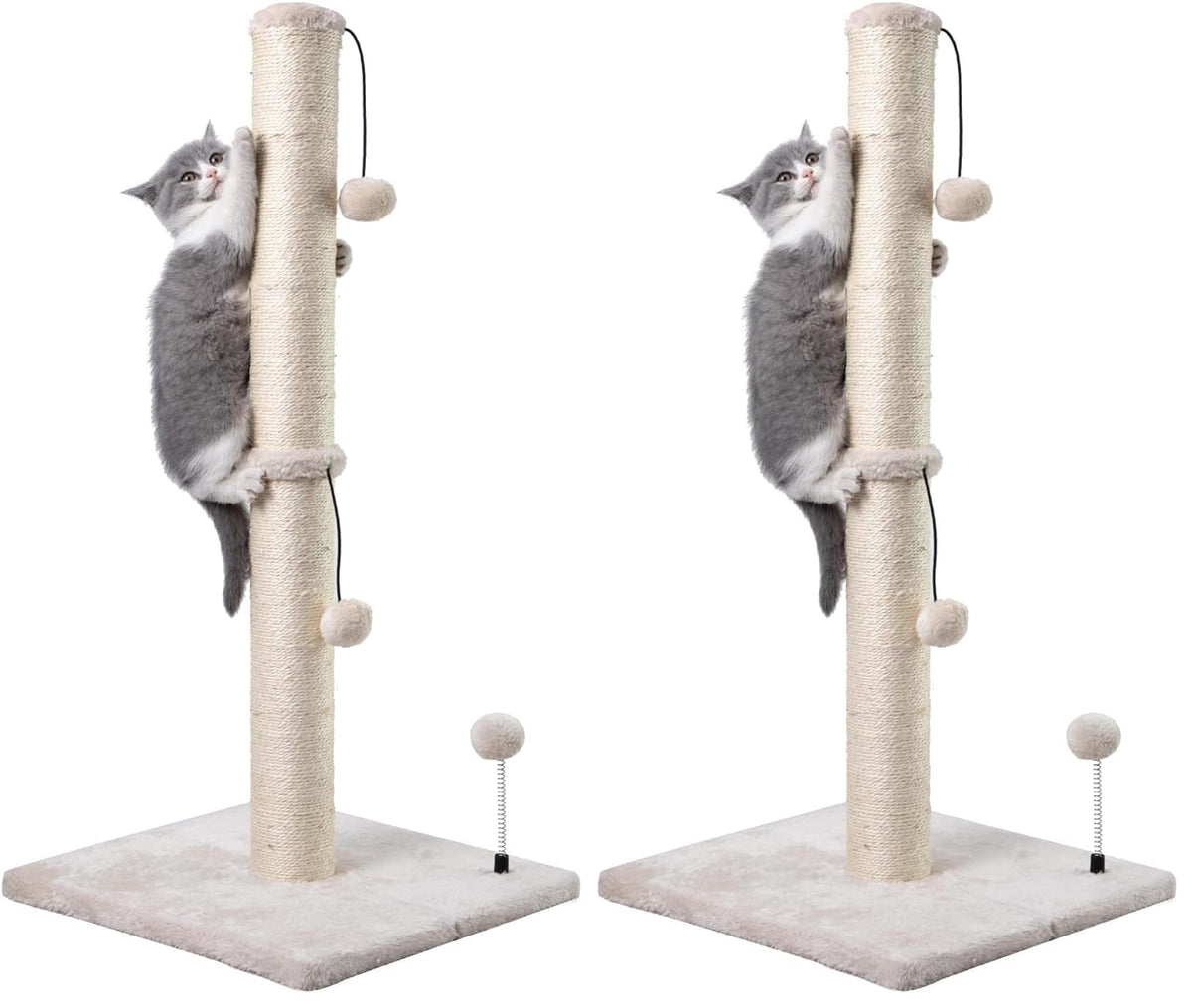 34" Tall Cat Scratching Post with Hanging Ball – Sisal Scratcher for Indoor Cats, Beige