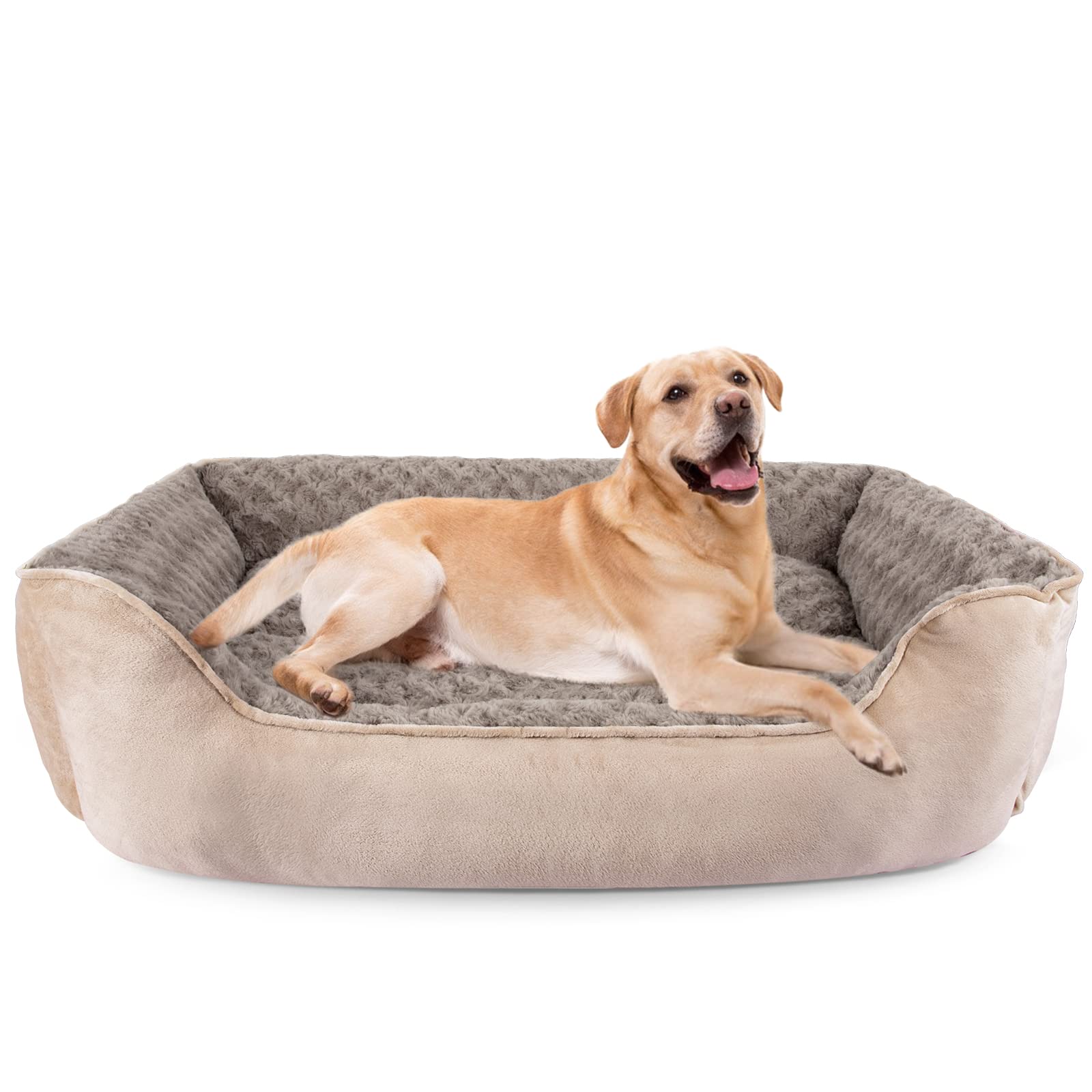 Washable Rectangle Dog Bed – Soft Bolster Sofa Bed with Non-Slip Bottom, Beige