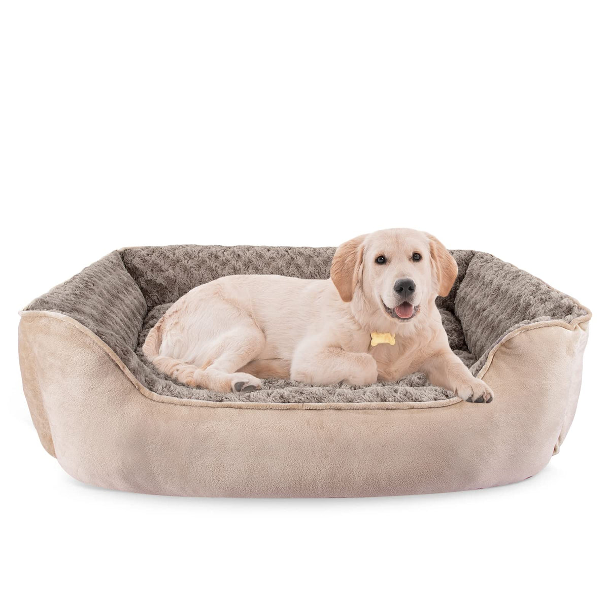 Washable Rectangle Dog Bed – Soft Bolster Sofa Bed with Non-Slip Bottom, Beige