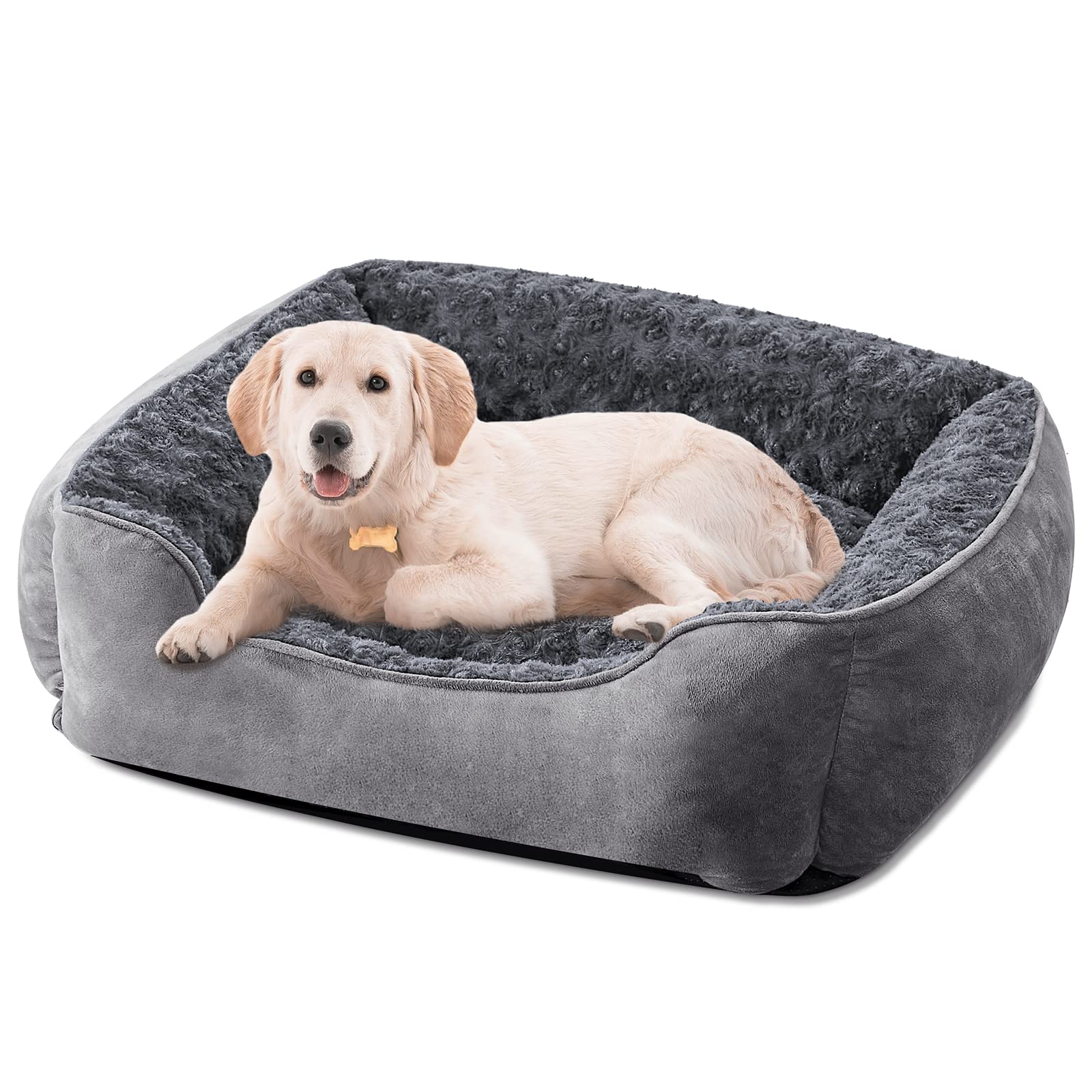 Washable Rectangle Dog Bed – Soft Bolster Sofa Bed with Non-Slip Bottom, Beige