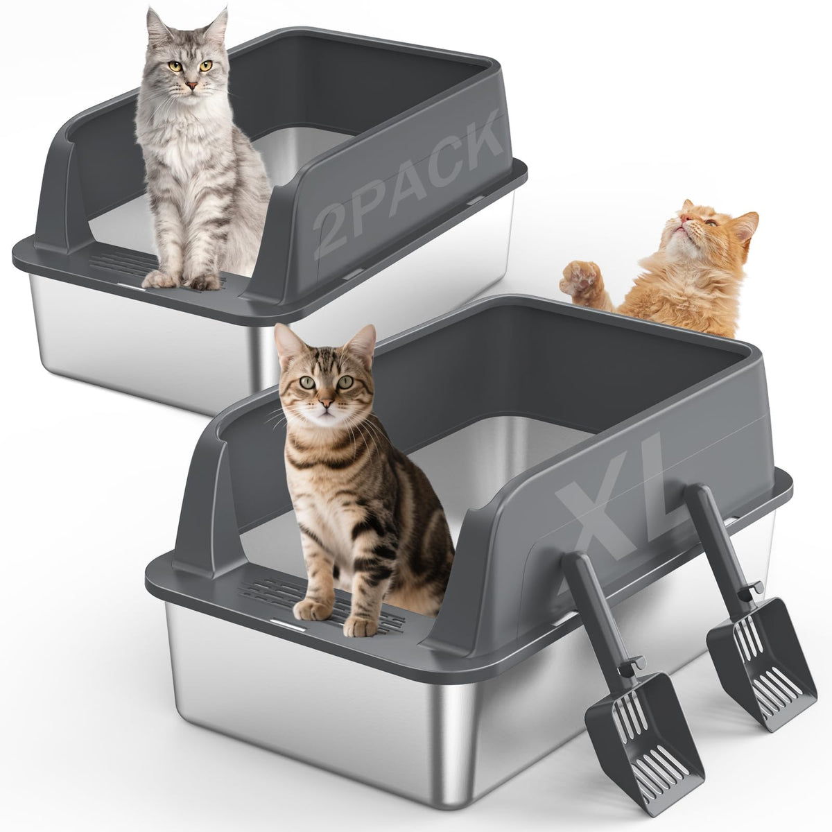 2-Pack XL Stainless Steel Cat Litter Boxes with Scoops