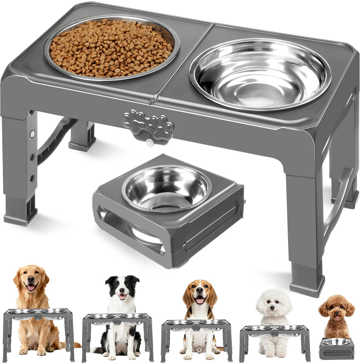 4-Height Elevated Dog Bowl Stand with 2 Steel Bowls