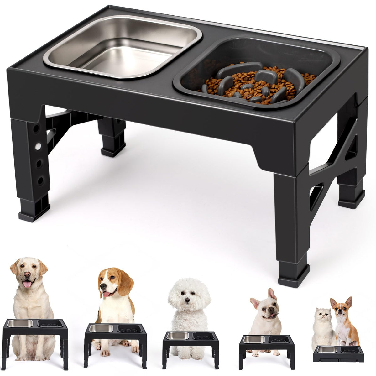5-Height Elevated Dog Bowl Stand with 2 Steel Bowls