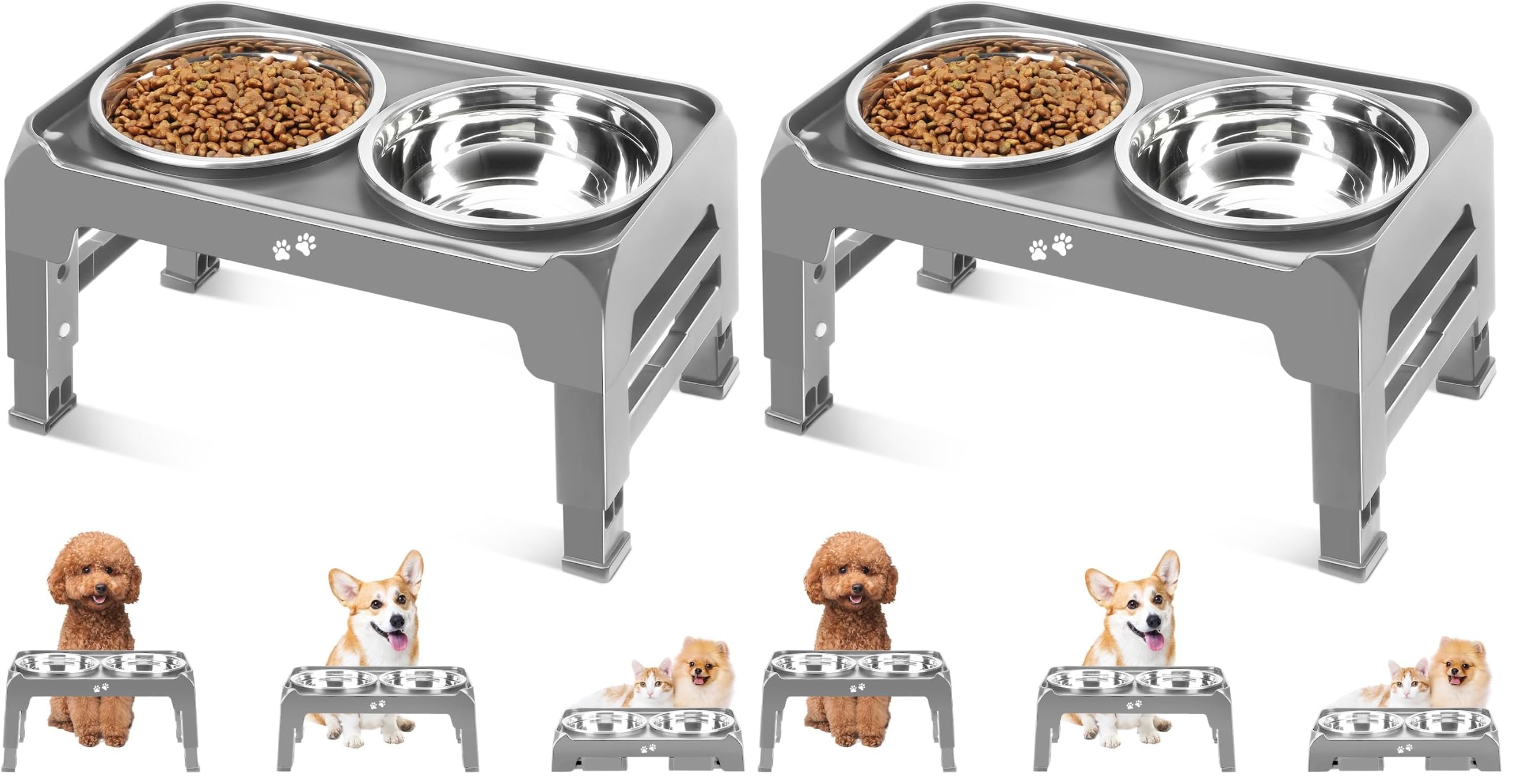 4-Height Elevated Dog Bowl Stand with 2 Steel Bowls