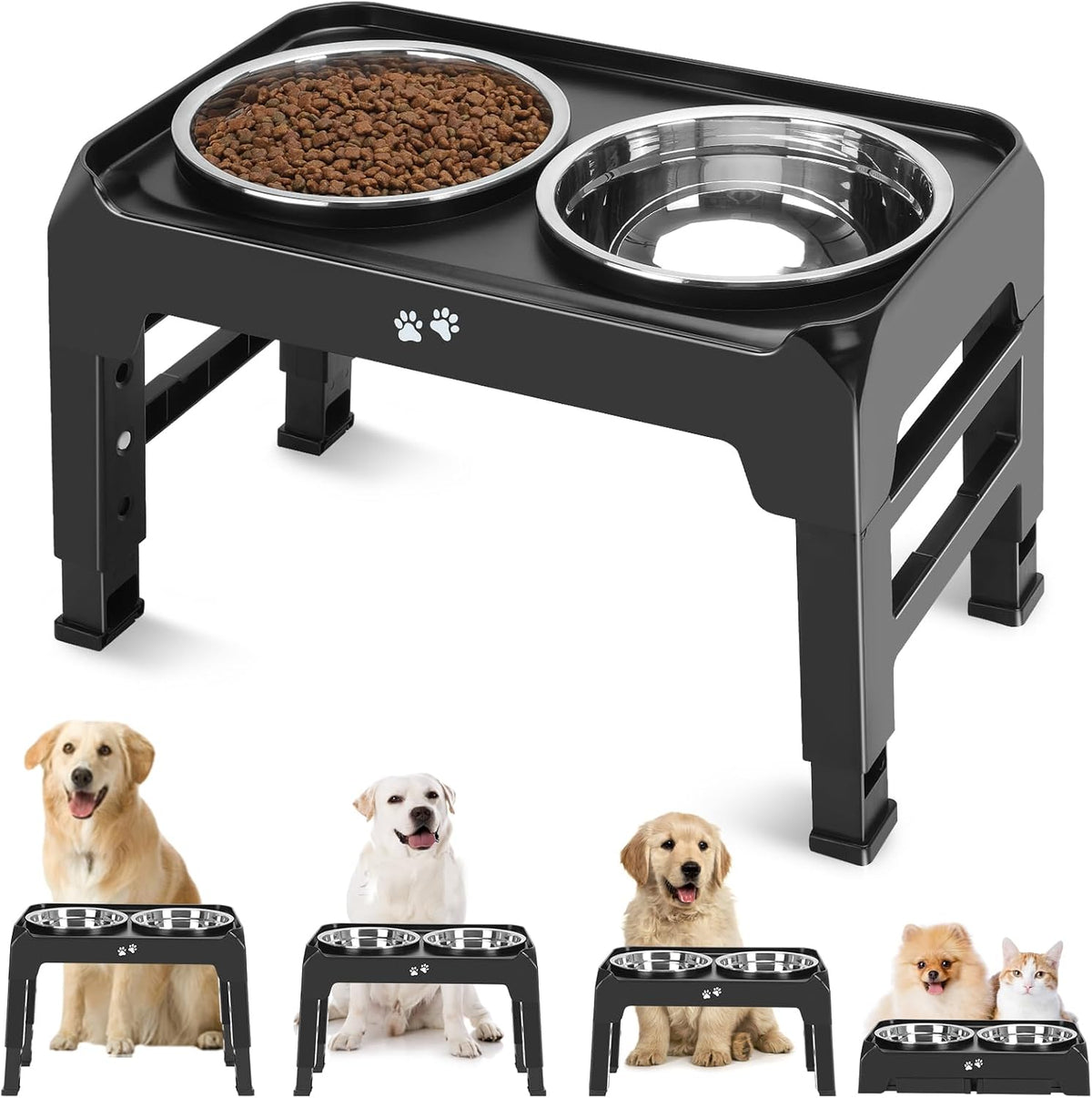 4-Height Elevated Dog Bowl Stand with 2 Steel Bowls