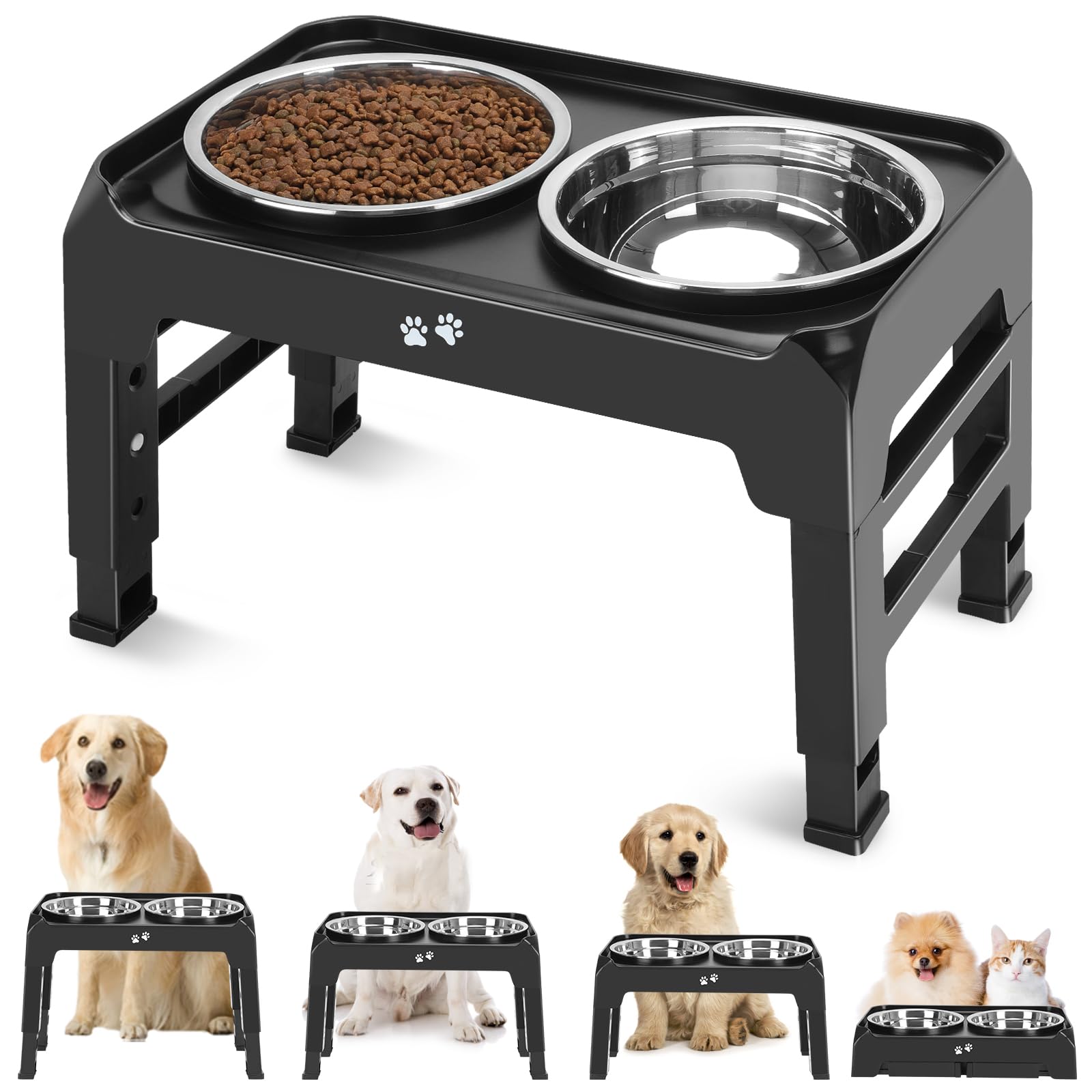 4-Height Elevated Dog Bowl Stand with 2 Steel Bowls