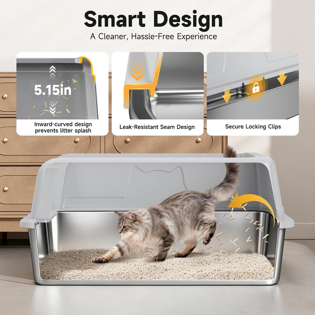 XL Stainless Steel Cat Litter Box with High Sides