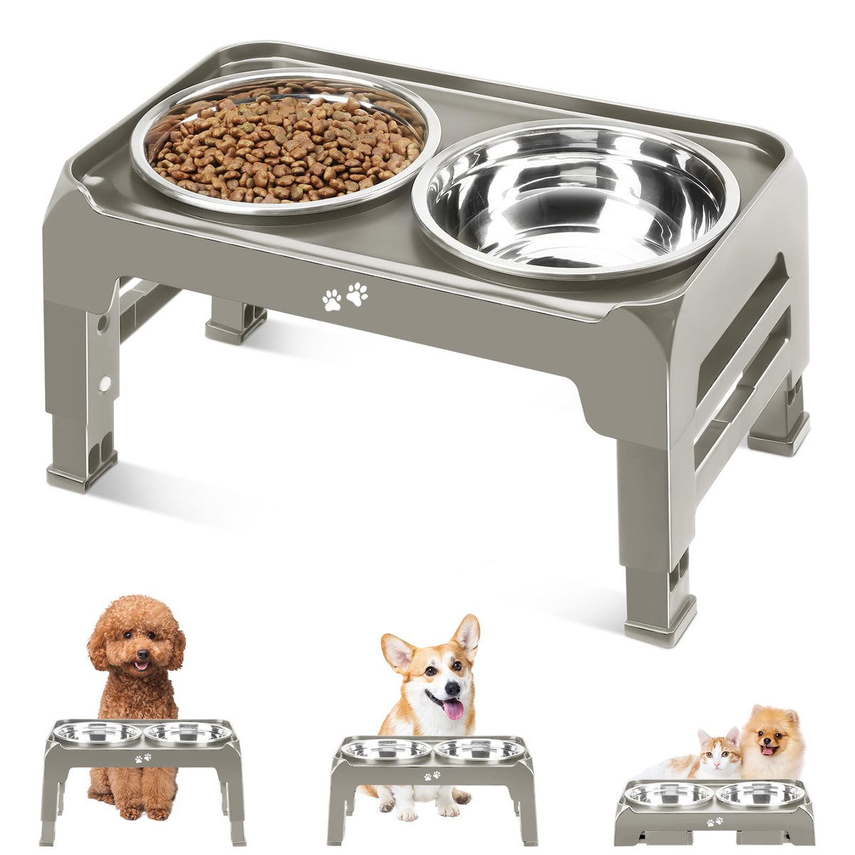 4-Height Elevated Dog Bowl Stand with 2 Steel Bowls