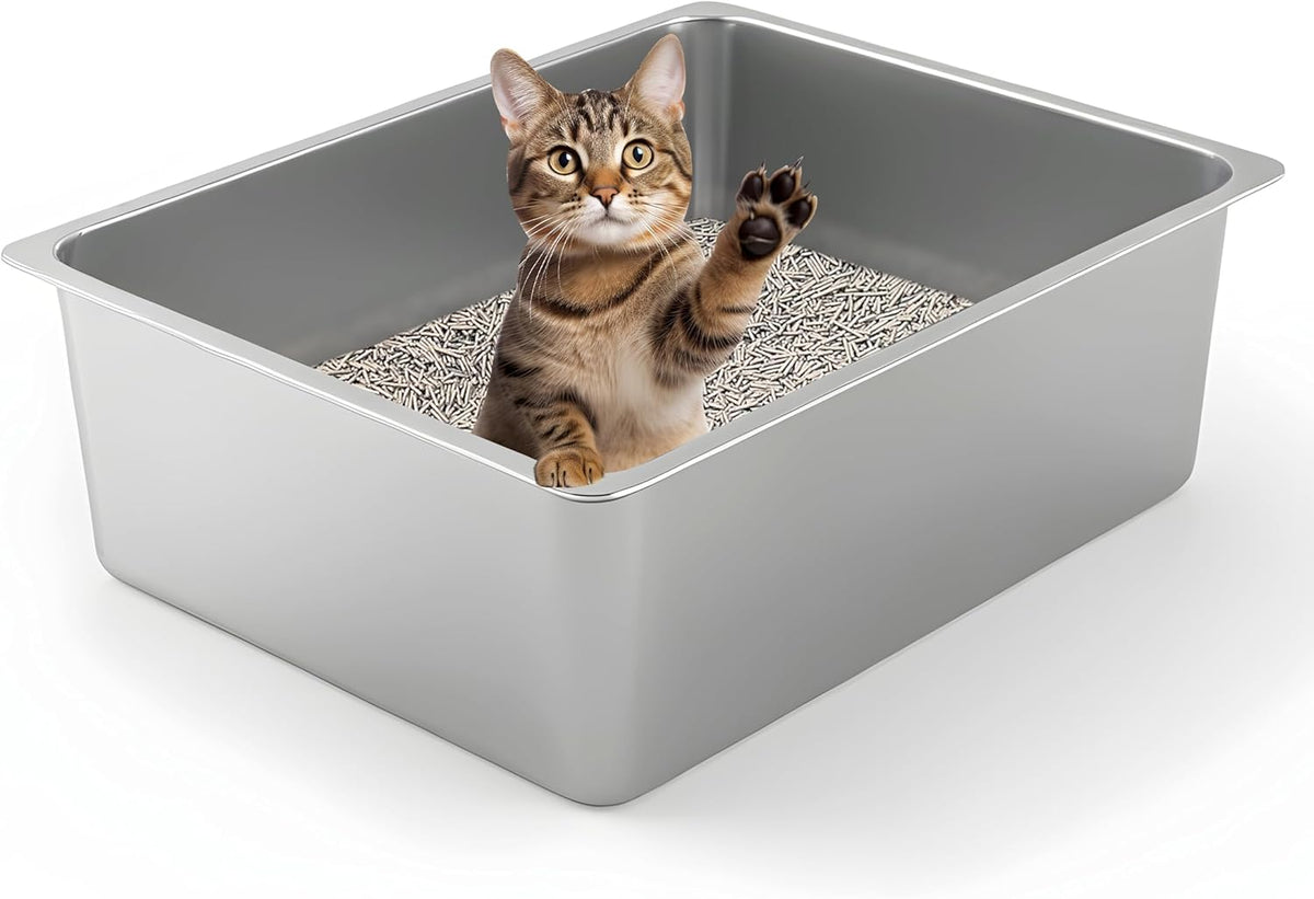 Large High-Sided Stainless Steel Cat Litter Pan