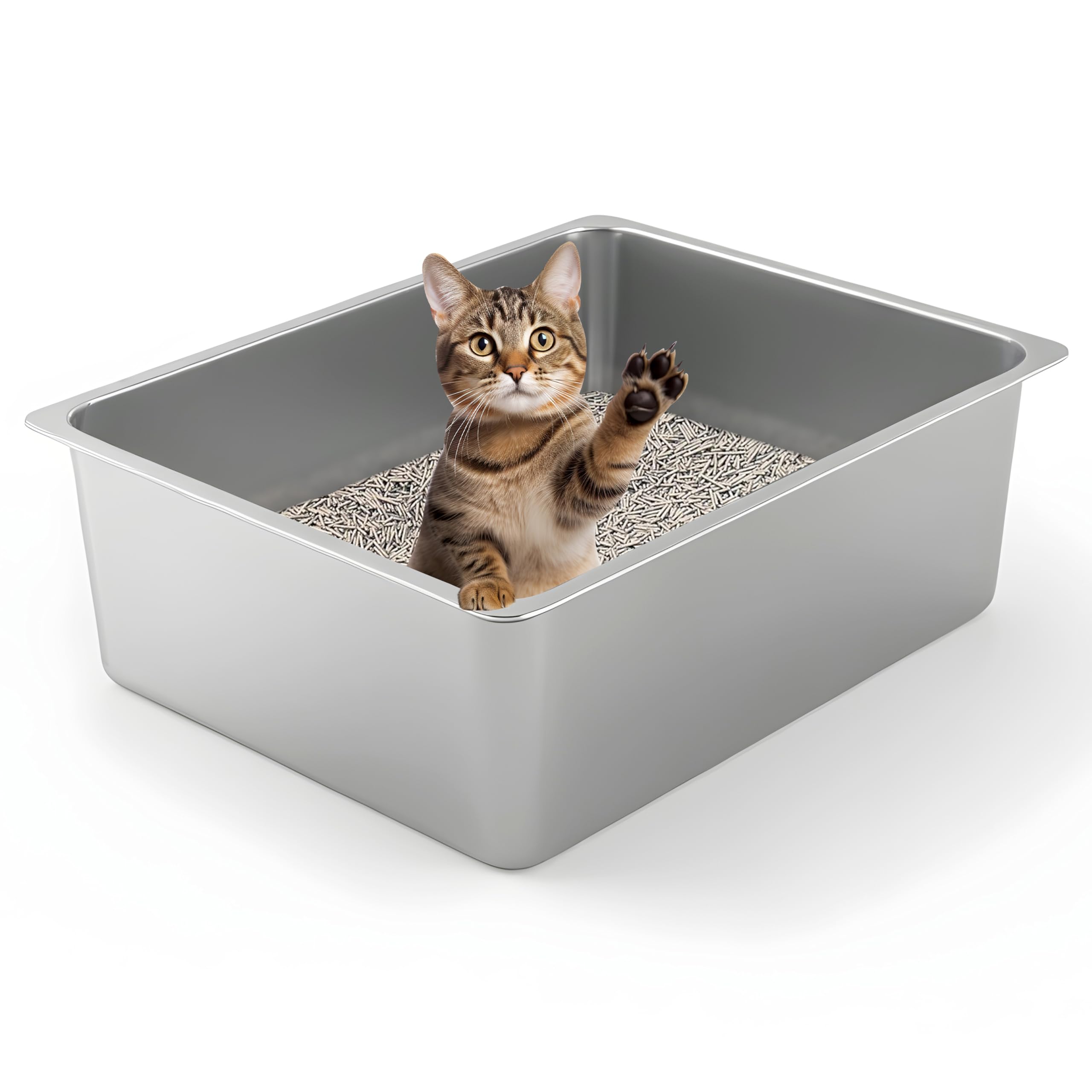 Large High-Sided Stainless Steel Cat Litter Pan