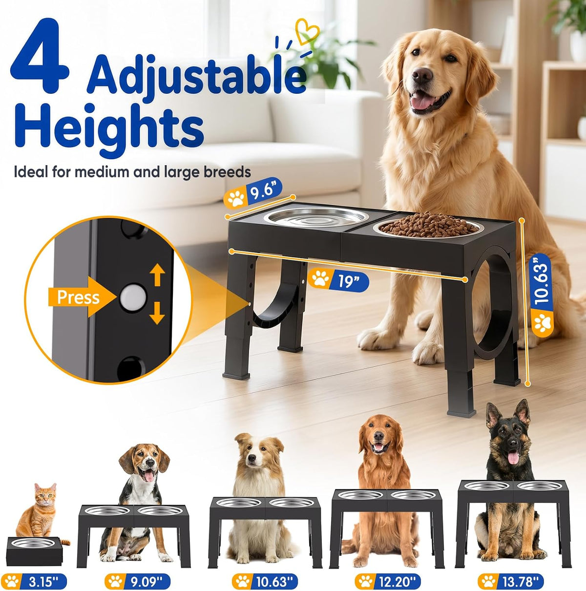 Adjustable Elevated Dog Bowl Stand with 2 Steel Bowls