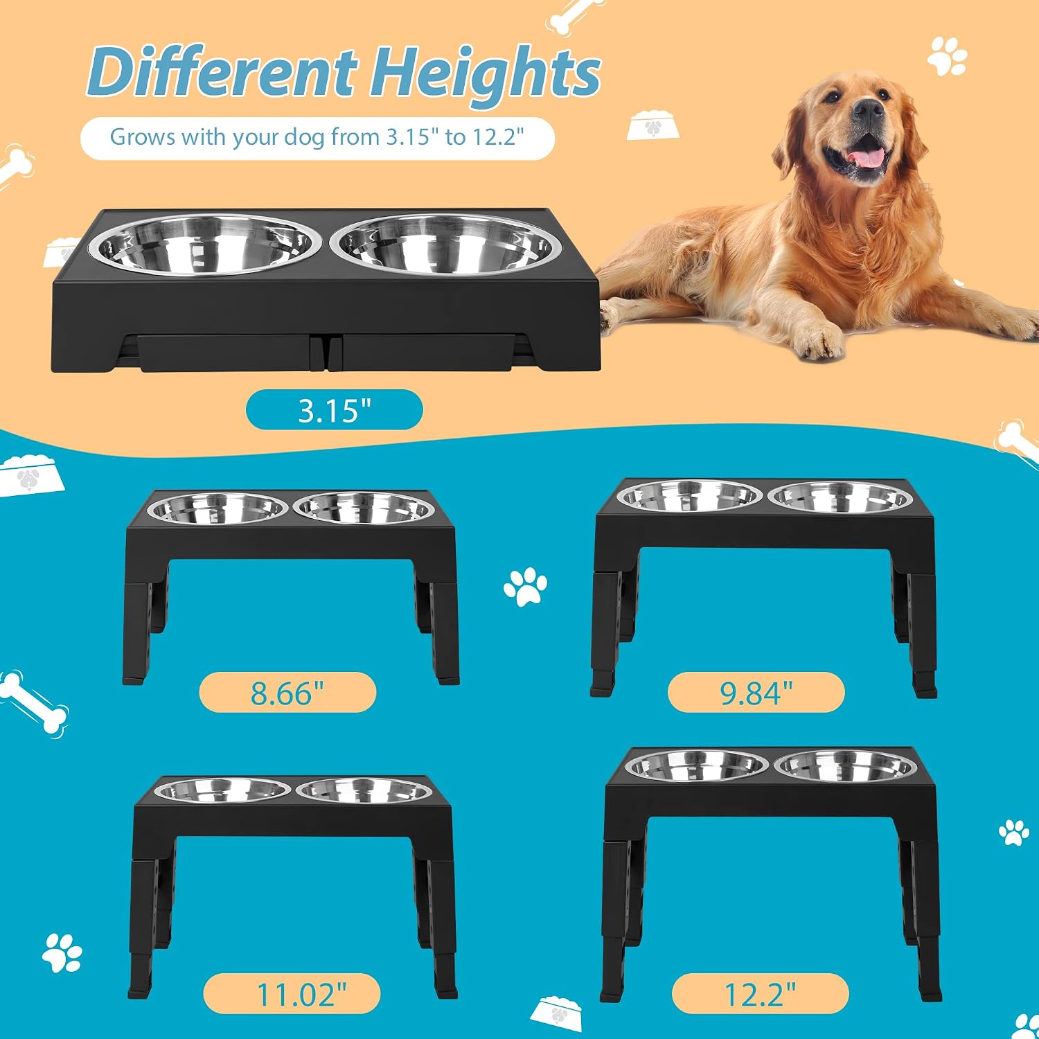 5-Height Elevated Dog Bowl Stand with 2 Steel Bowls