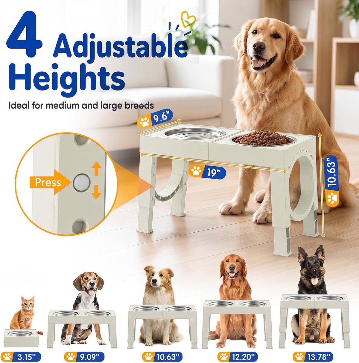Adjustable Elevated Dog Feeder with 2 Steel Bowls
