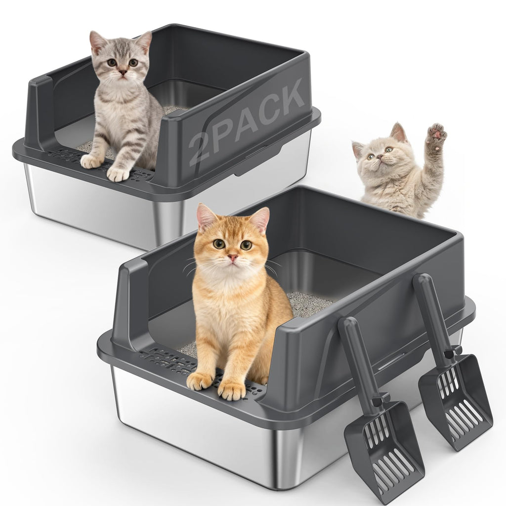 2-Pack XL Stainless Steel Cat Litter Boxes with Scoops
