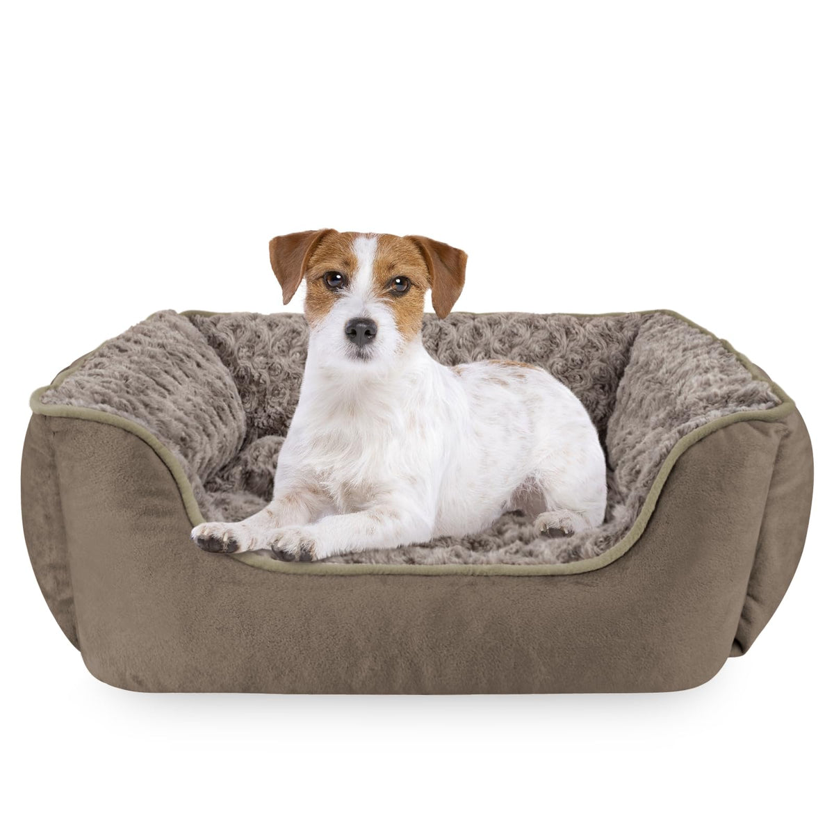 Washable Rectangle Dog Bed – Soft Bolster Sofa Bed with Non-Slip Bottom, Beige