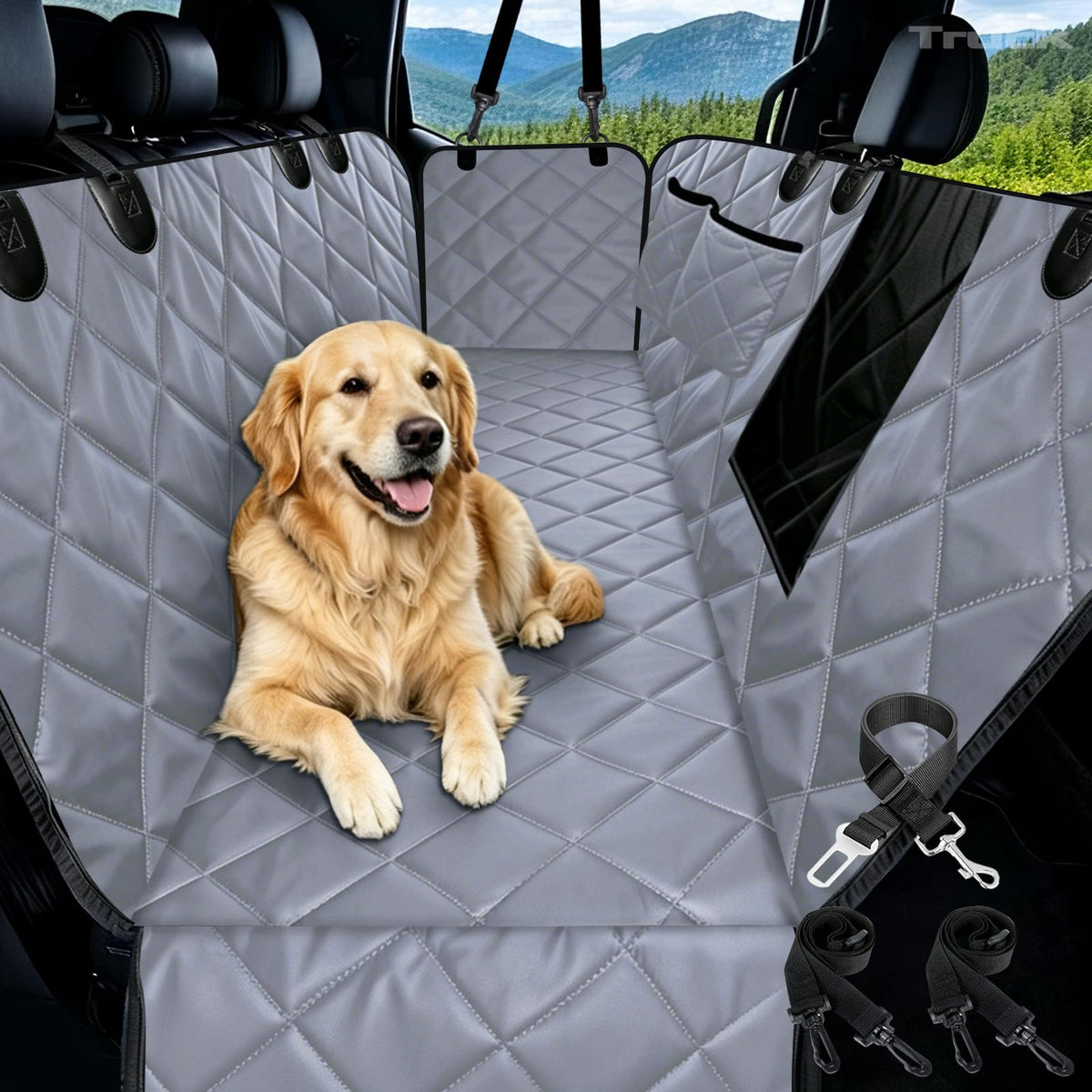 Water-Resistant Dog Car Seat Cover with Safety Belt Openings