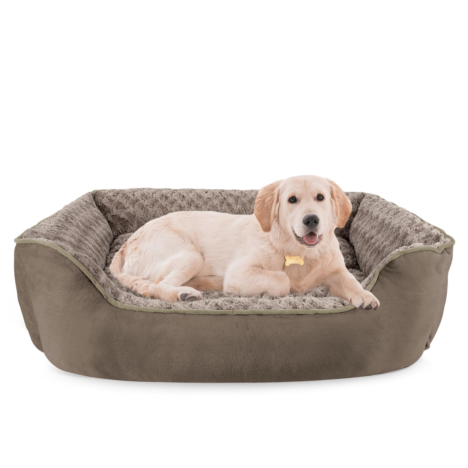 Washable Rectangle Dog Bed – Soft Bolster Sofa Bed with Non-Slip Bottom, Beige