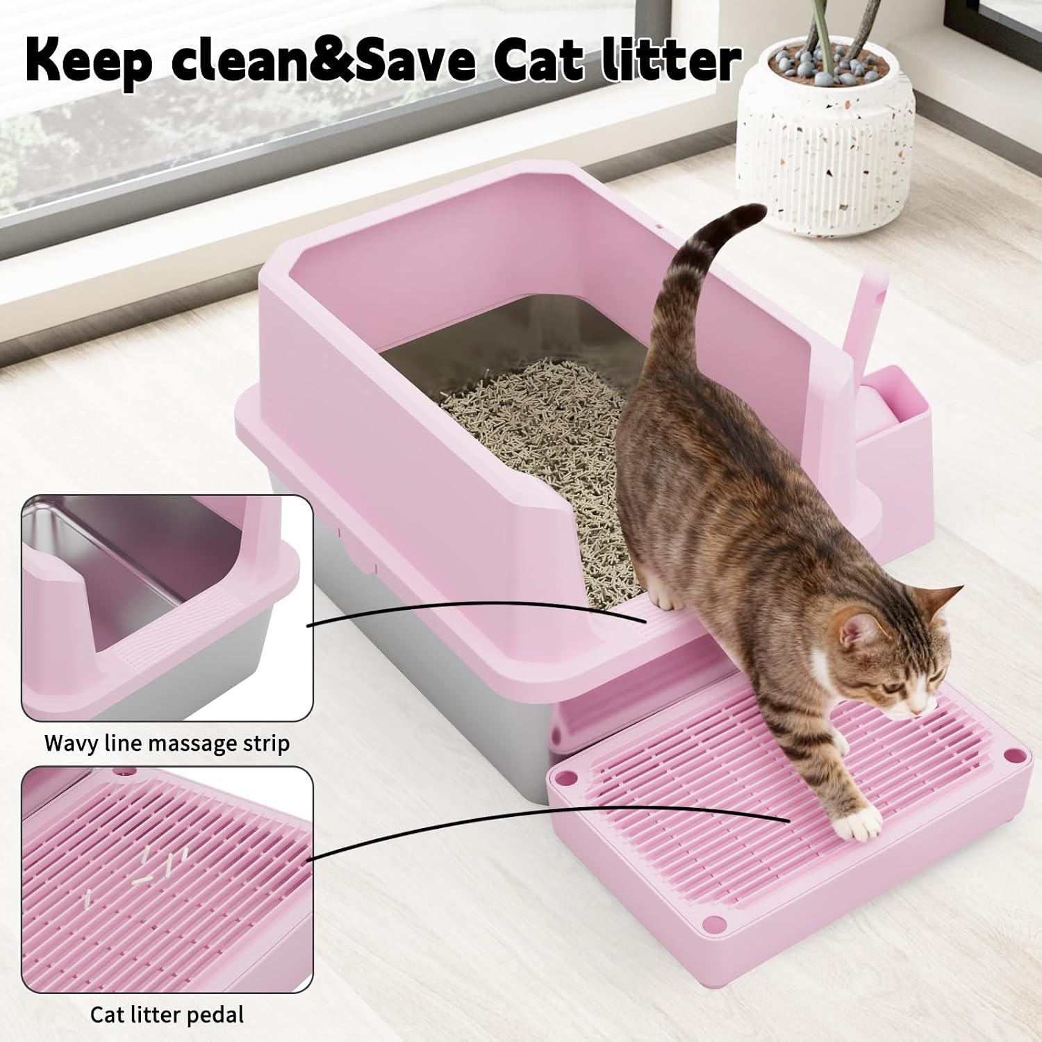 Open Cat Litter Box Set with Step Tray & Scoop