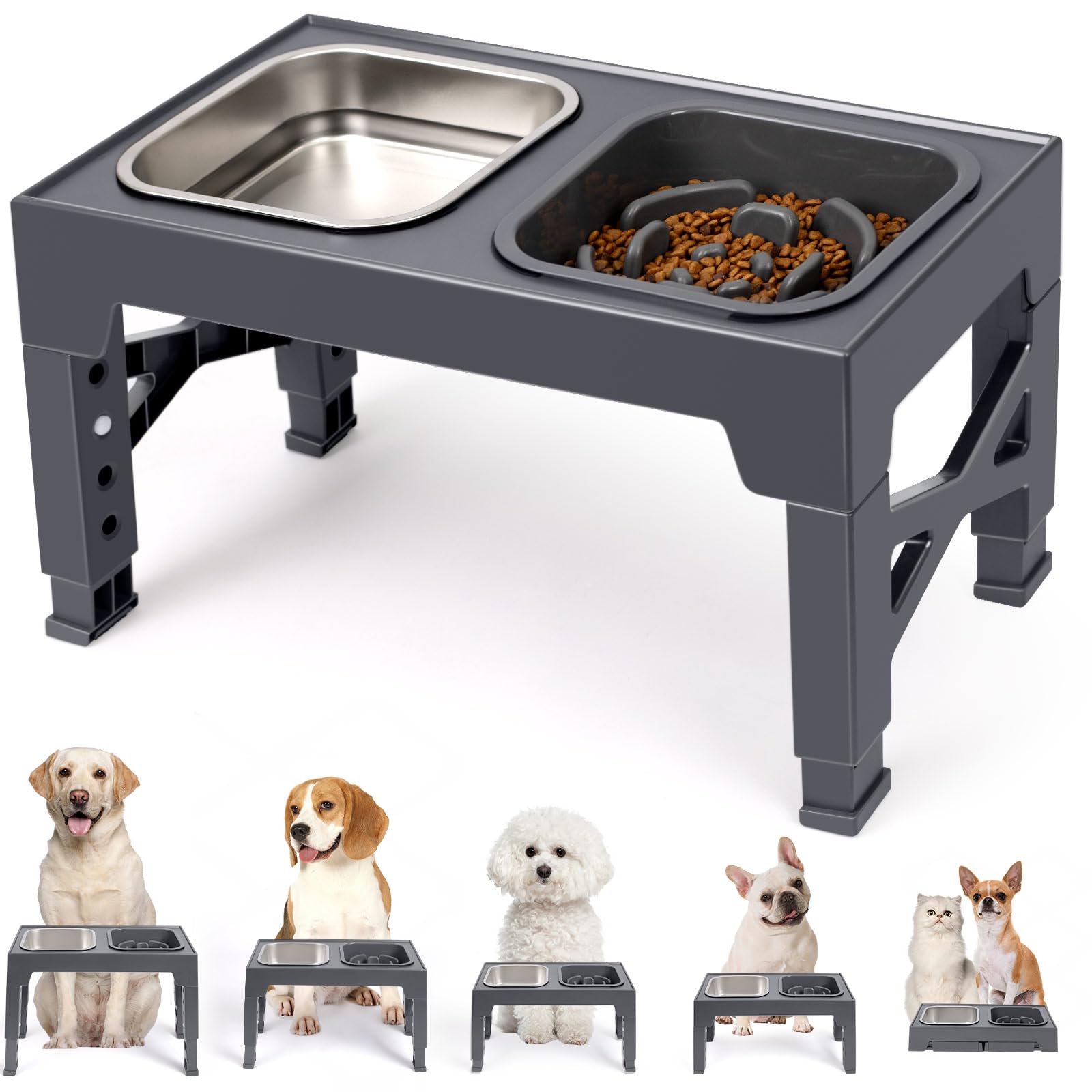 5-Height Elevated Dog Bowl Stand with 2 Steel Bowls