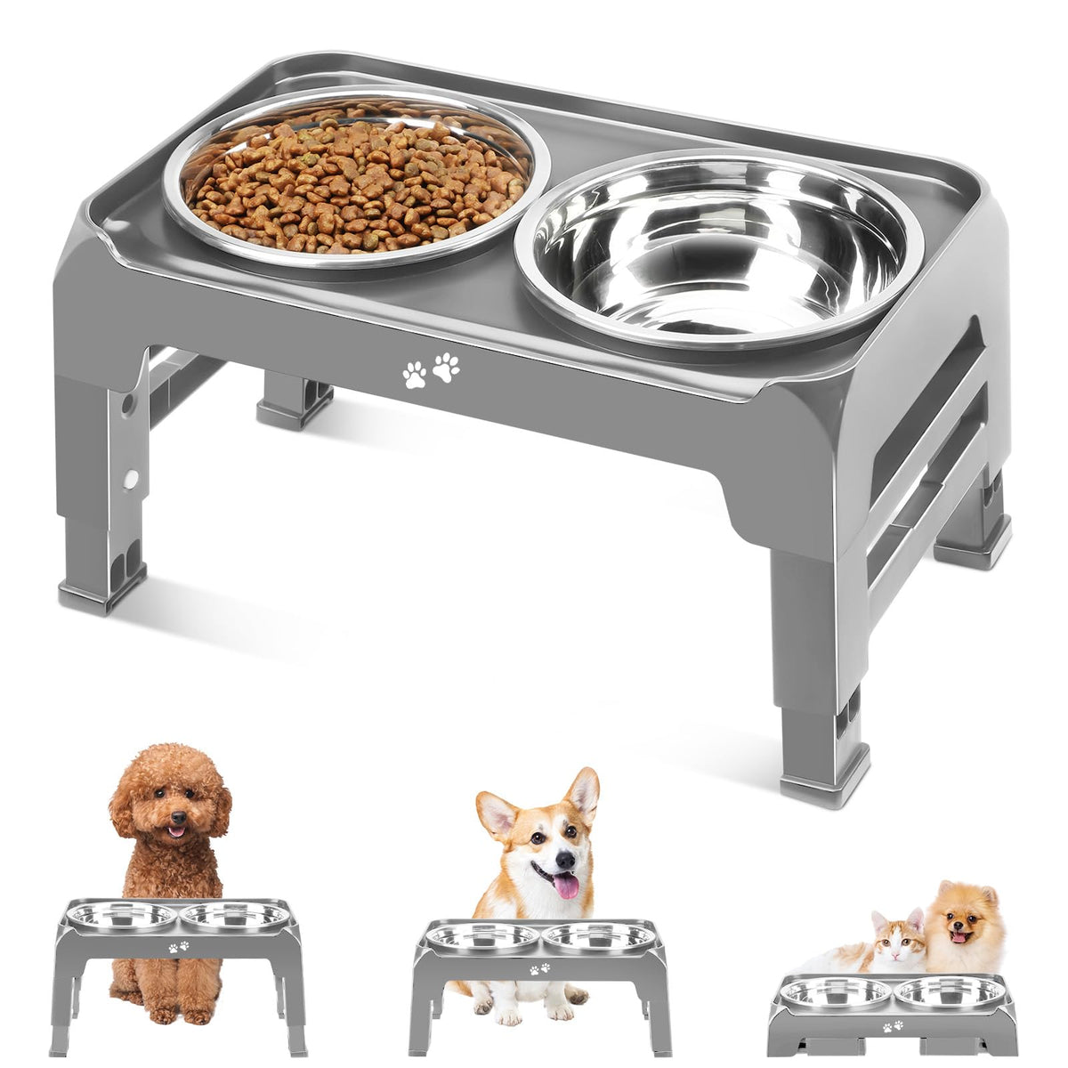 4-Height Elevated Dog Bowl Stand with 2 Steel Bowls